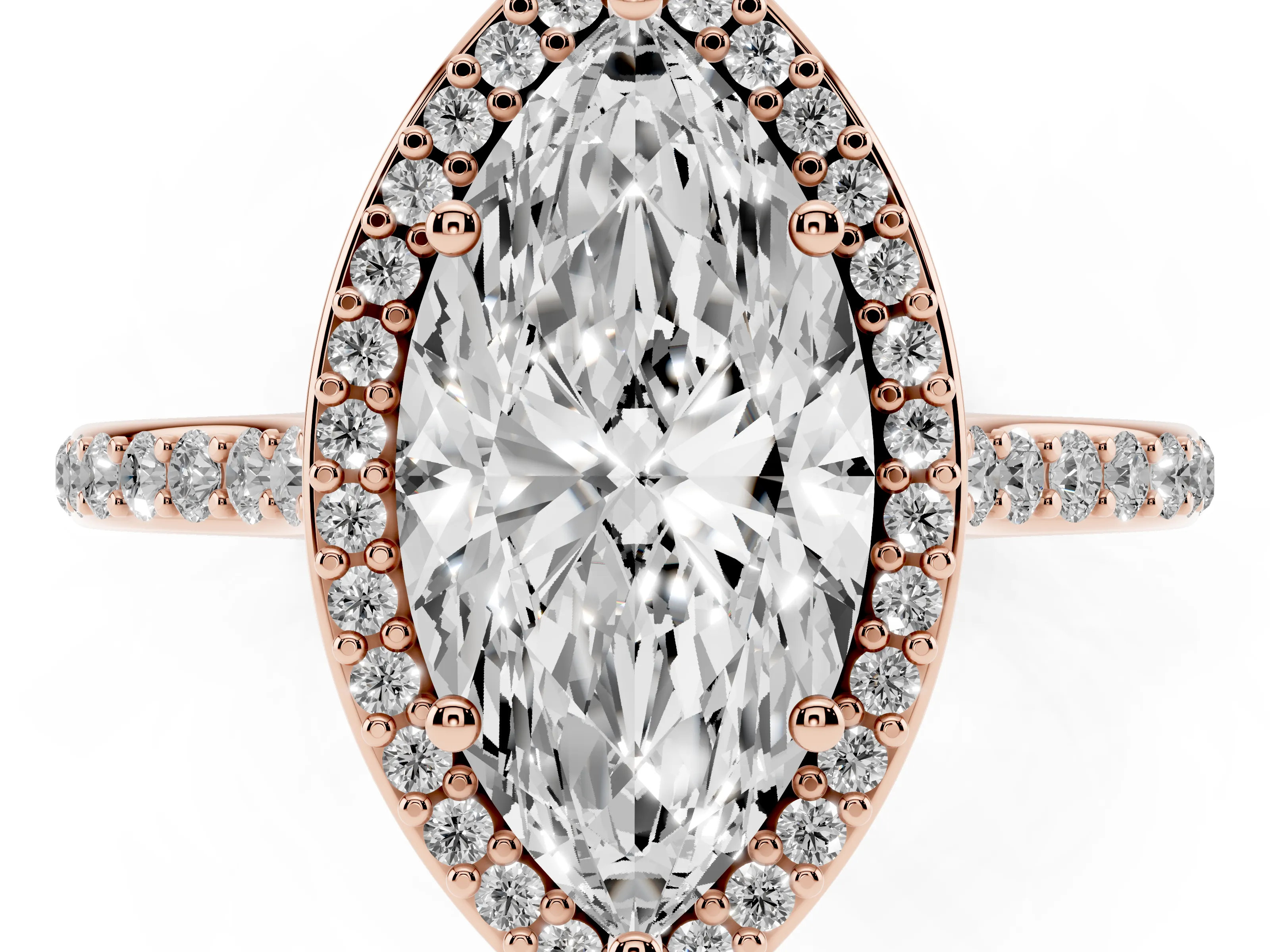 Marquise Cut Diamond Halo Engagement Ring Set in Rose gold with Round Pavé Shoulders and Heart Gallery