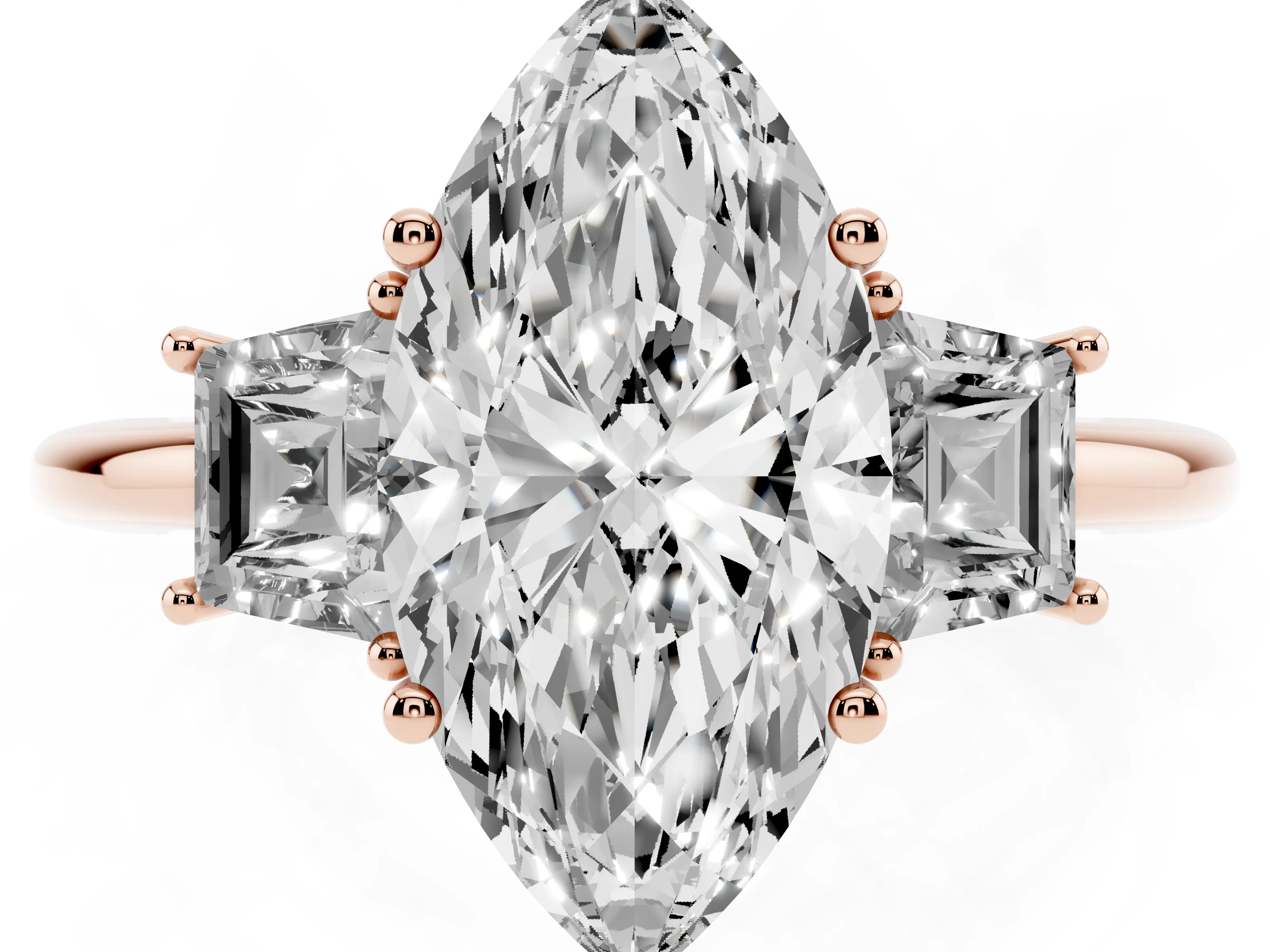 Marquise Cut Diamond Three-Stone Ring Set in Rose gold with Trapezoid Side Stones and Prong Setting