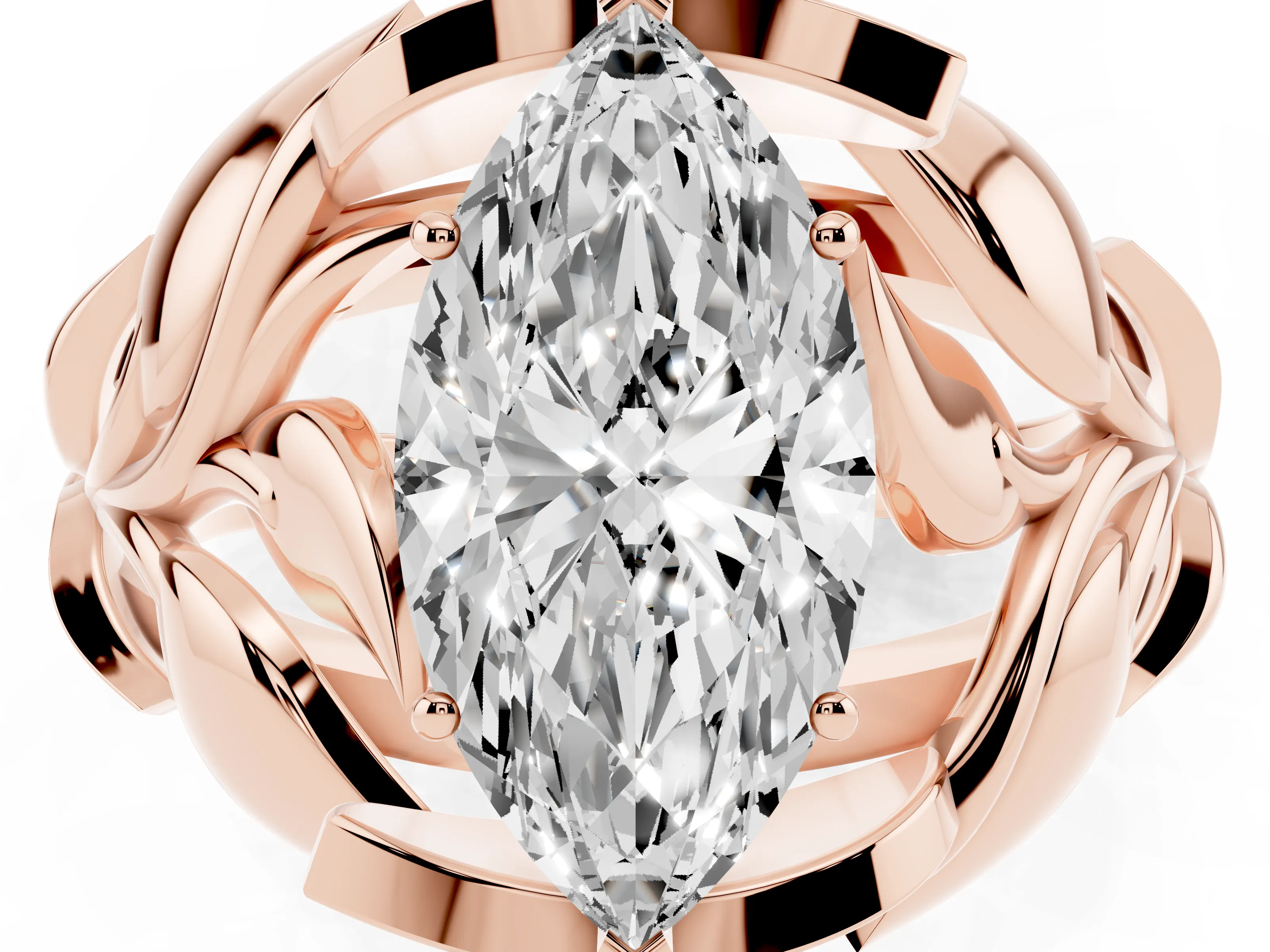 Marquise Cut Diamond Leaf-Inspired Engagement Ring Set in Rose gold with Round Accents