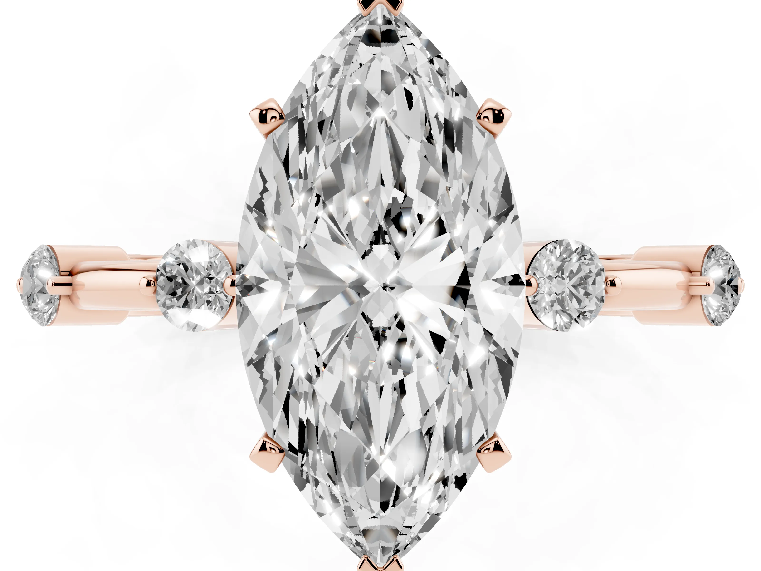 Marquise Cut Diamond Solitaire Ring Set in Rose gold with Bezel Set Side Stones and Prong Setting