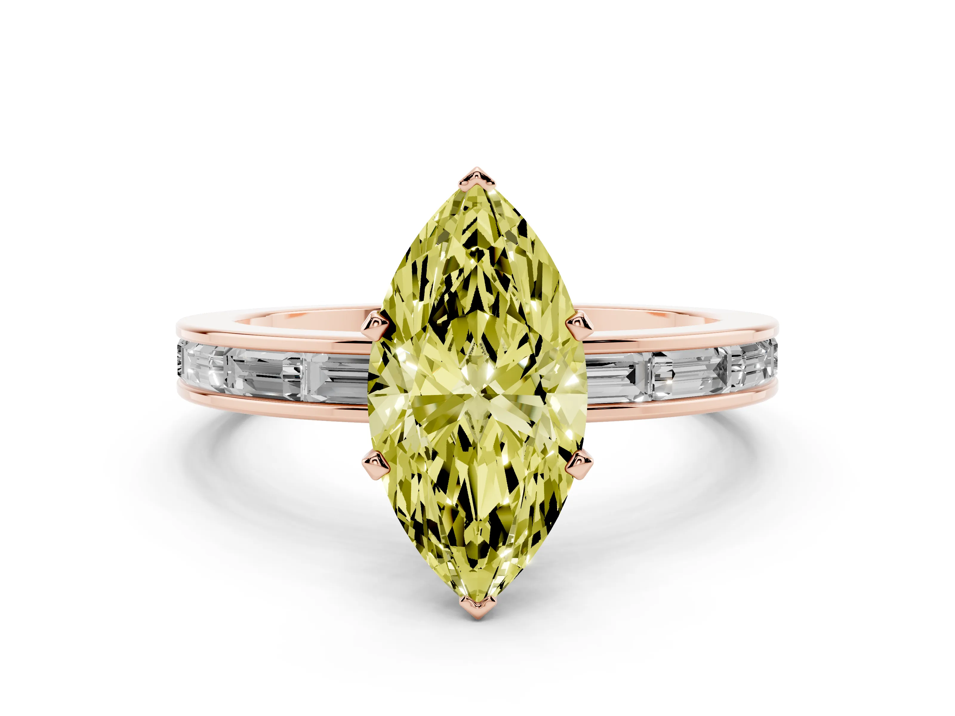 Fancy Yellow Marquise Cut Diamond Solitaire Ring Set in Rose gold with Channel-Set Baguette Band and Prong Setting