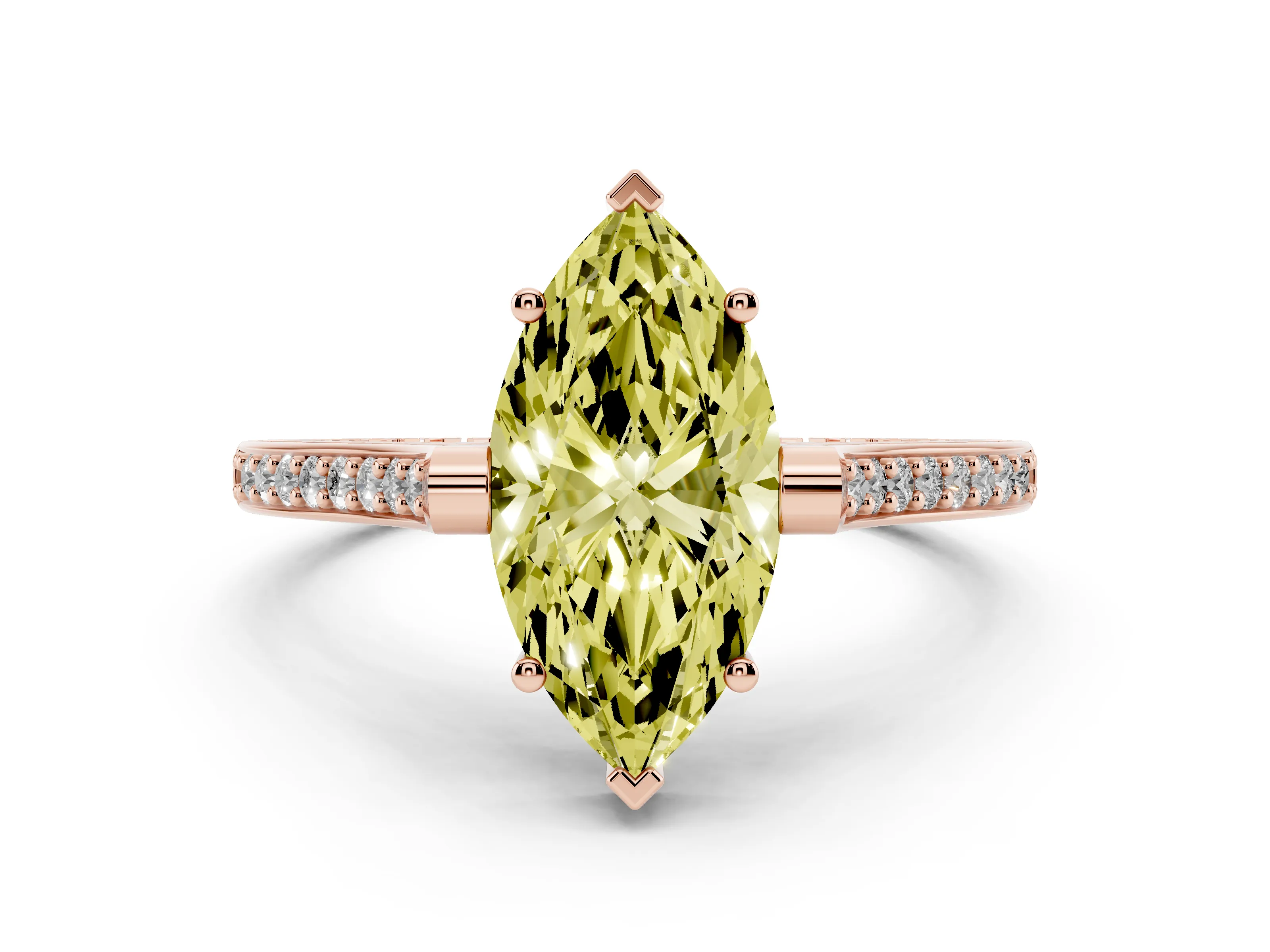 Fancy Yellow Marquise Cut Diamond Solitaire Ring Set in Rose gold with Channel Set Band and Bezel Prong Setting