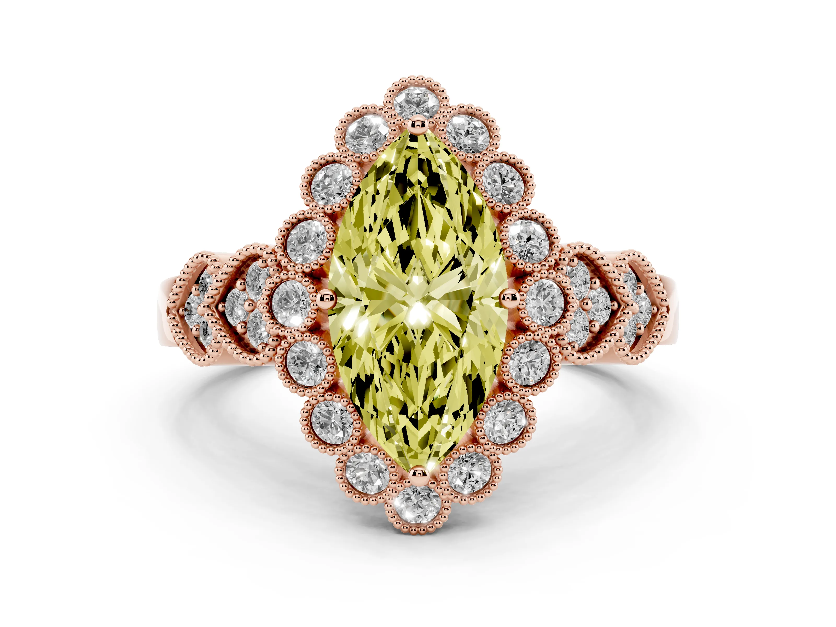 Fancy Yellow Marquise Cut Diamond Solitaire Ring Set in Rose gold with Milgrain Pavé Heart Band