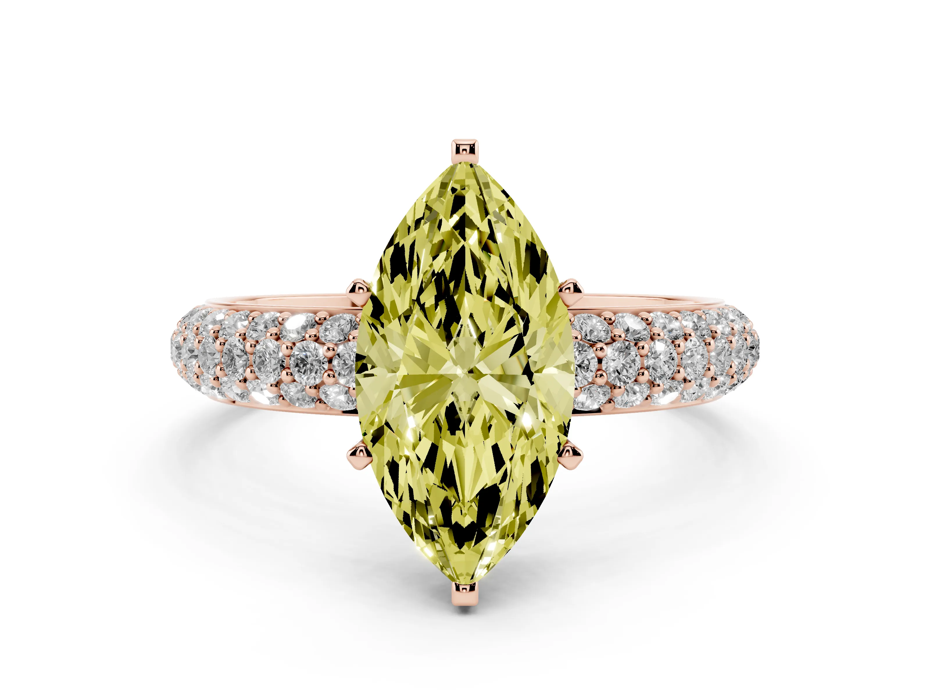 Fancy Yellow Marquise Cut Diamond Solitaire Ring Set in Rose gold with Prong Setting and Pavé-Set Band