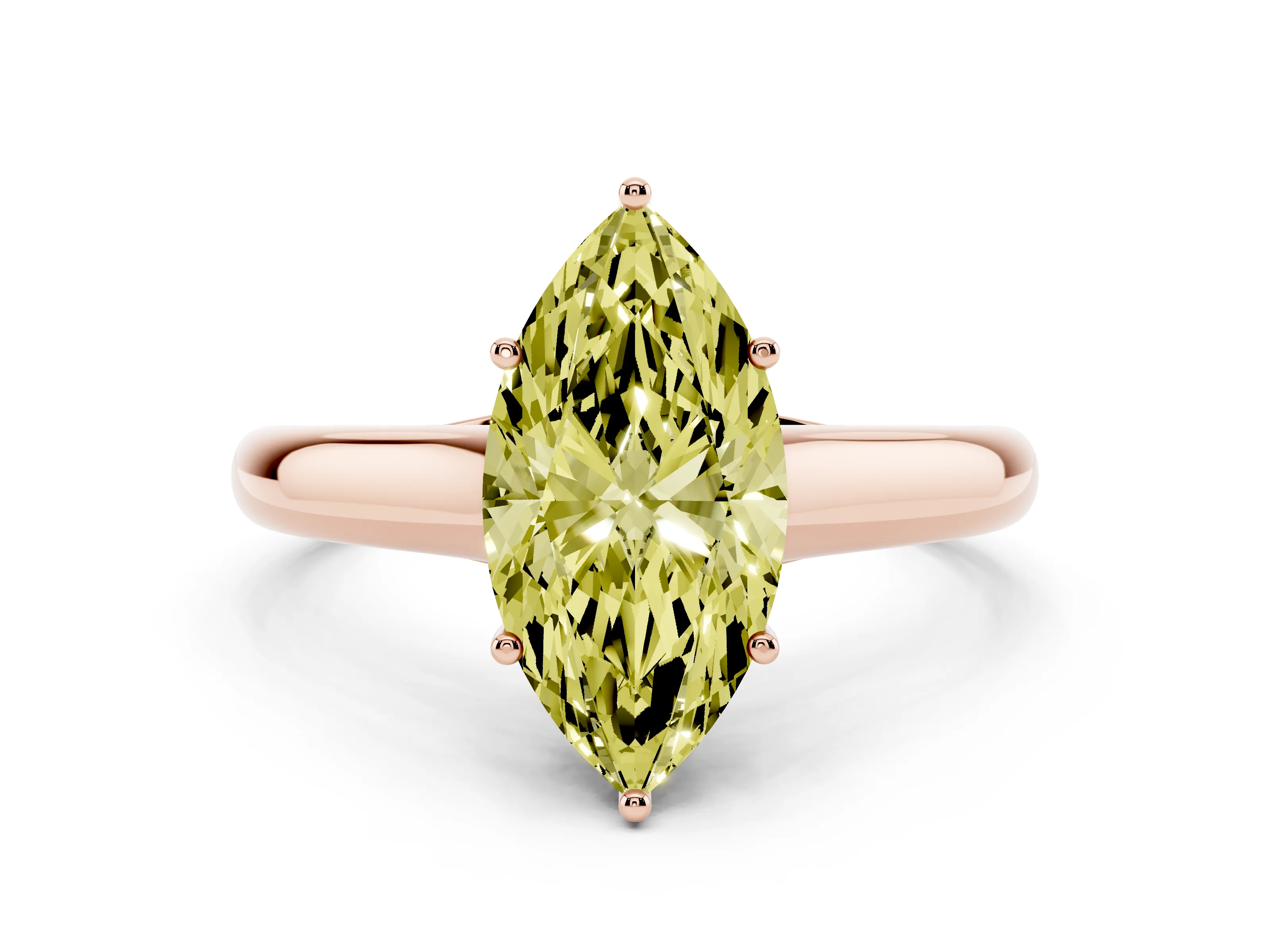 Fancy Yellow Marquise Cut Diamond Solitaire Engagement Ring Set in Rose gold with Subtly Tapered Band and Prong Setting