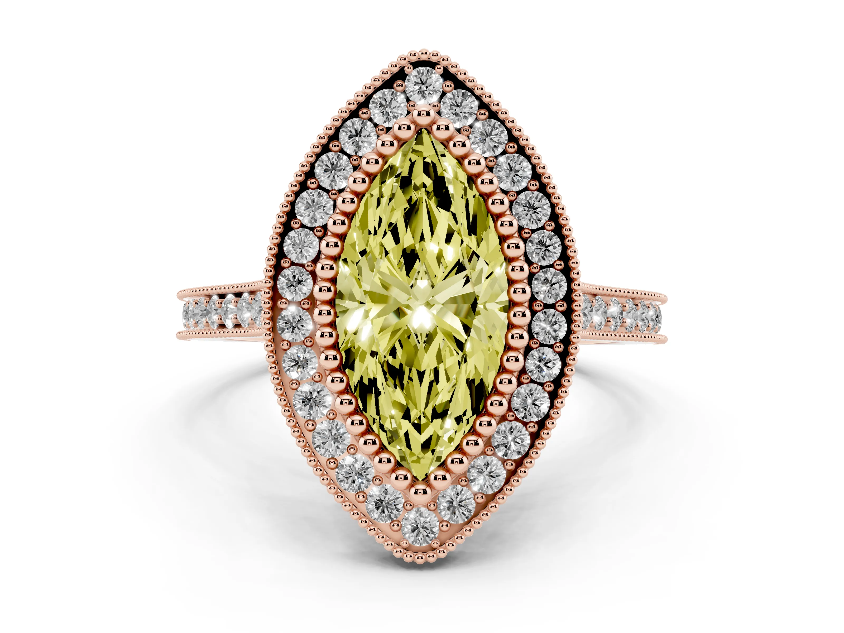 Fancy Yellow Marquise Cut Diamond Halo Ring Set in Rose gold with Milgrain Frame and Pavé Band