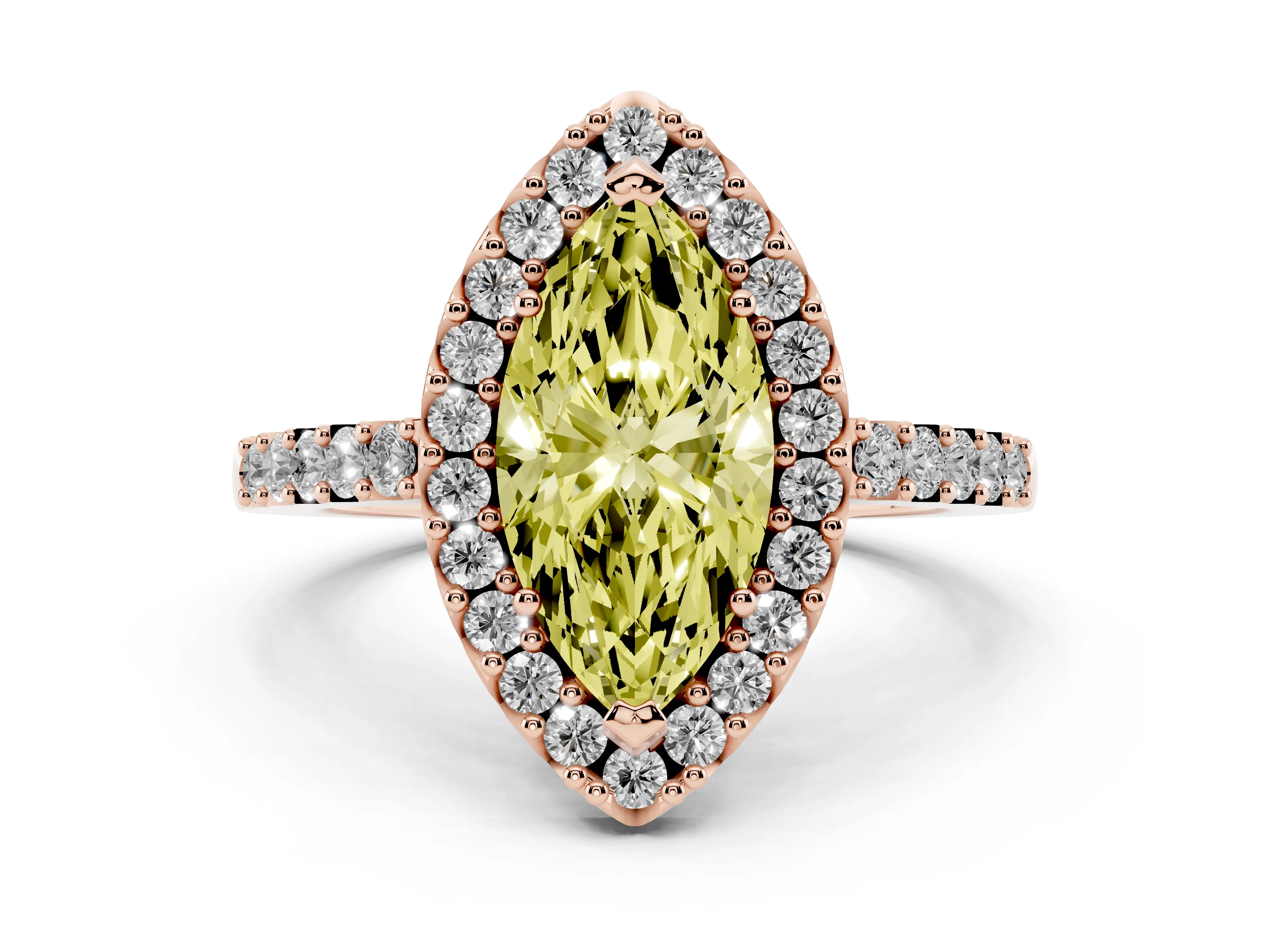 Fancy Yellow Marquise Cut Diamond Halo Pavé Solitaire Ring Set in Rose gold with Prong-Set Center Stone