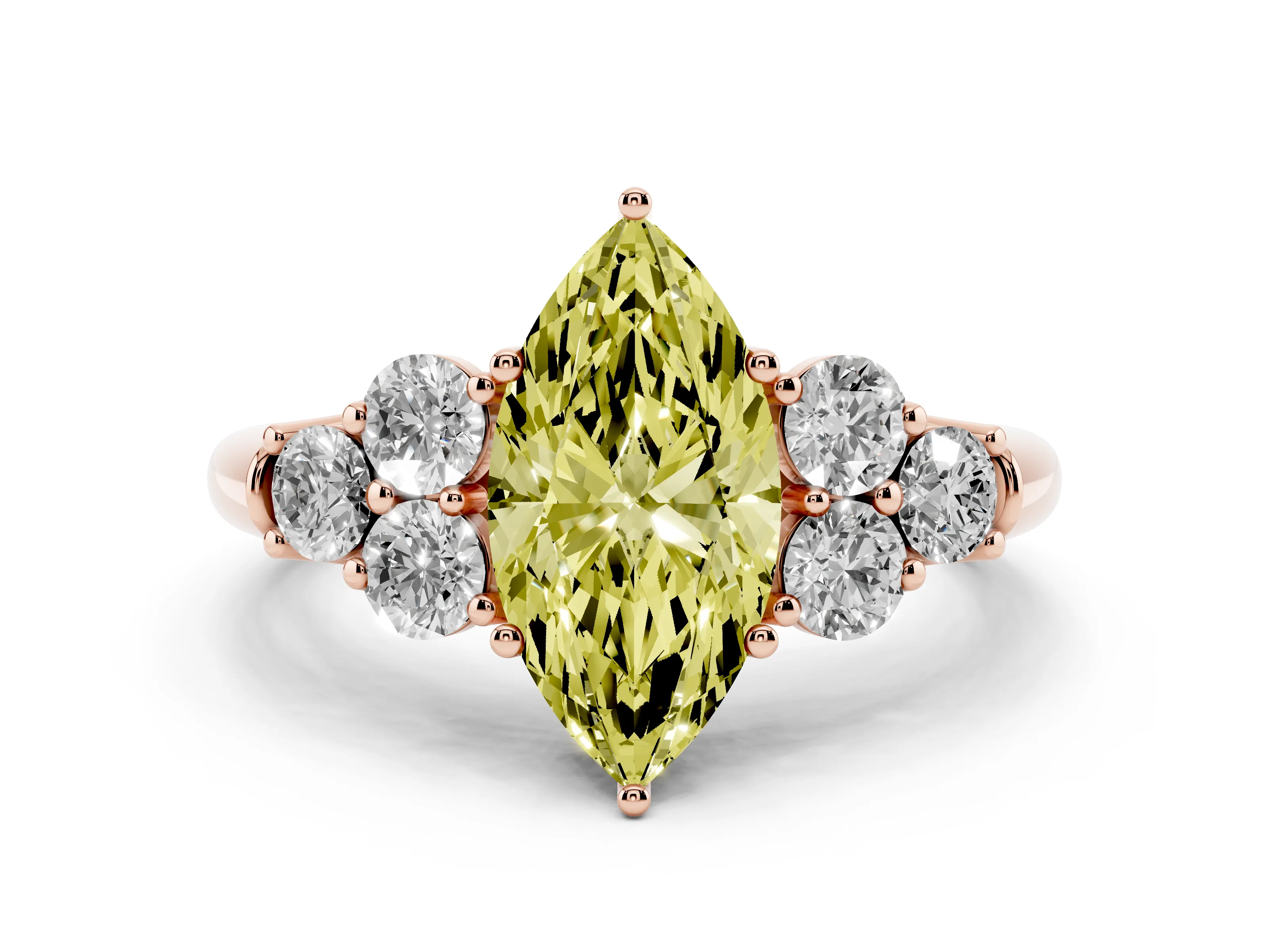 Fancy Yellow Marquise Cut Diamond Cluster Ring Set in Rose gold with Round Accent Stones and Prong Setting on a Plain Band