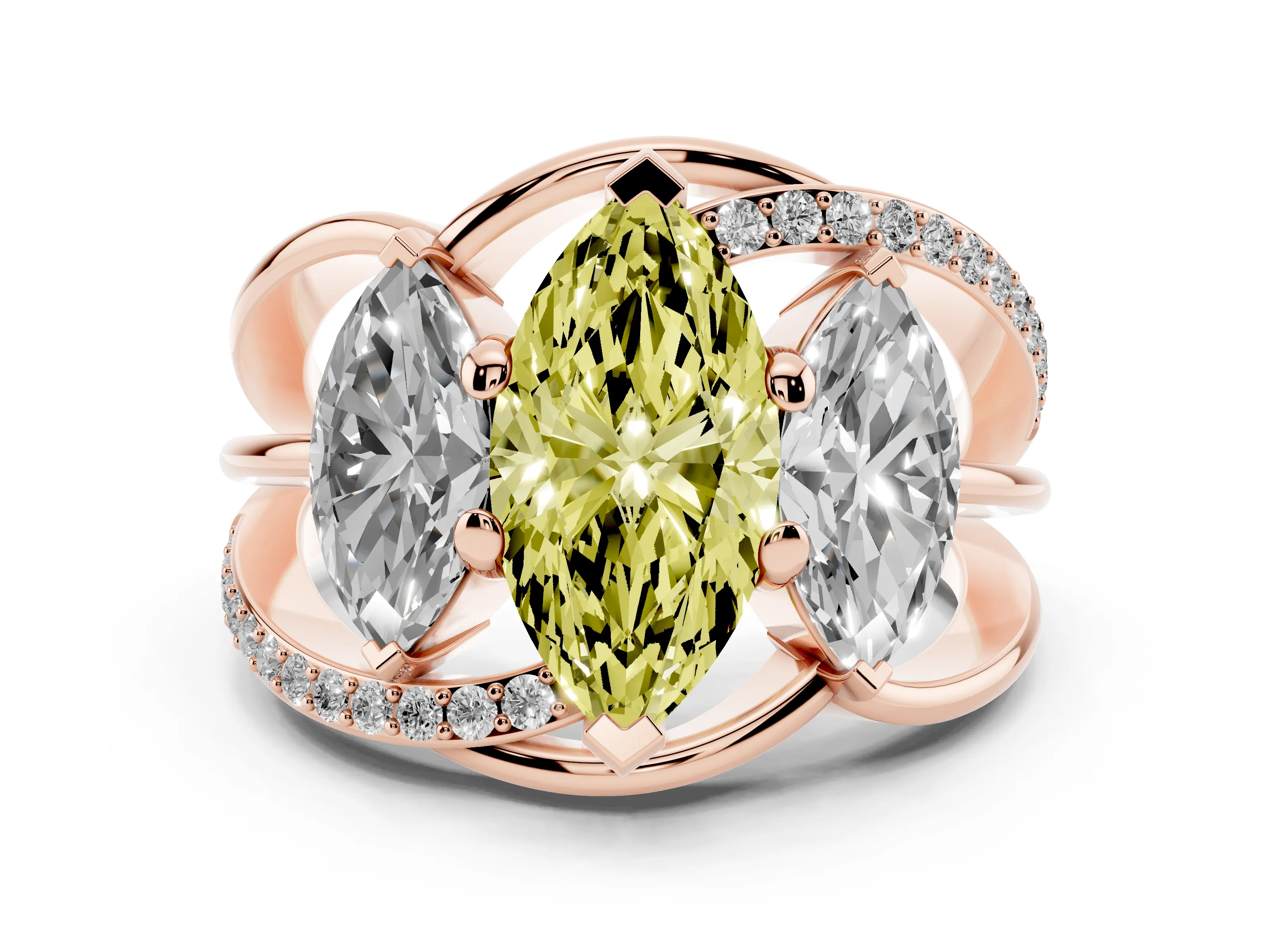 Fancy Yellow Marquise Cut Diamond Three-Stone Ring Set in Rose gold with Split Shank and Prong Setting