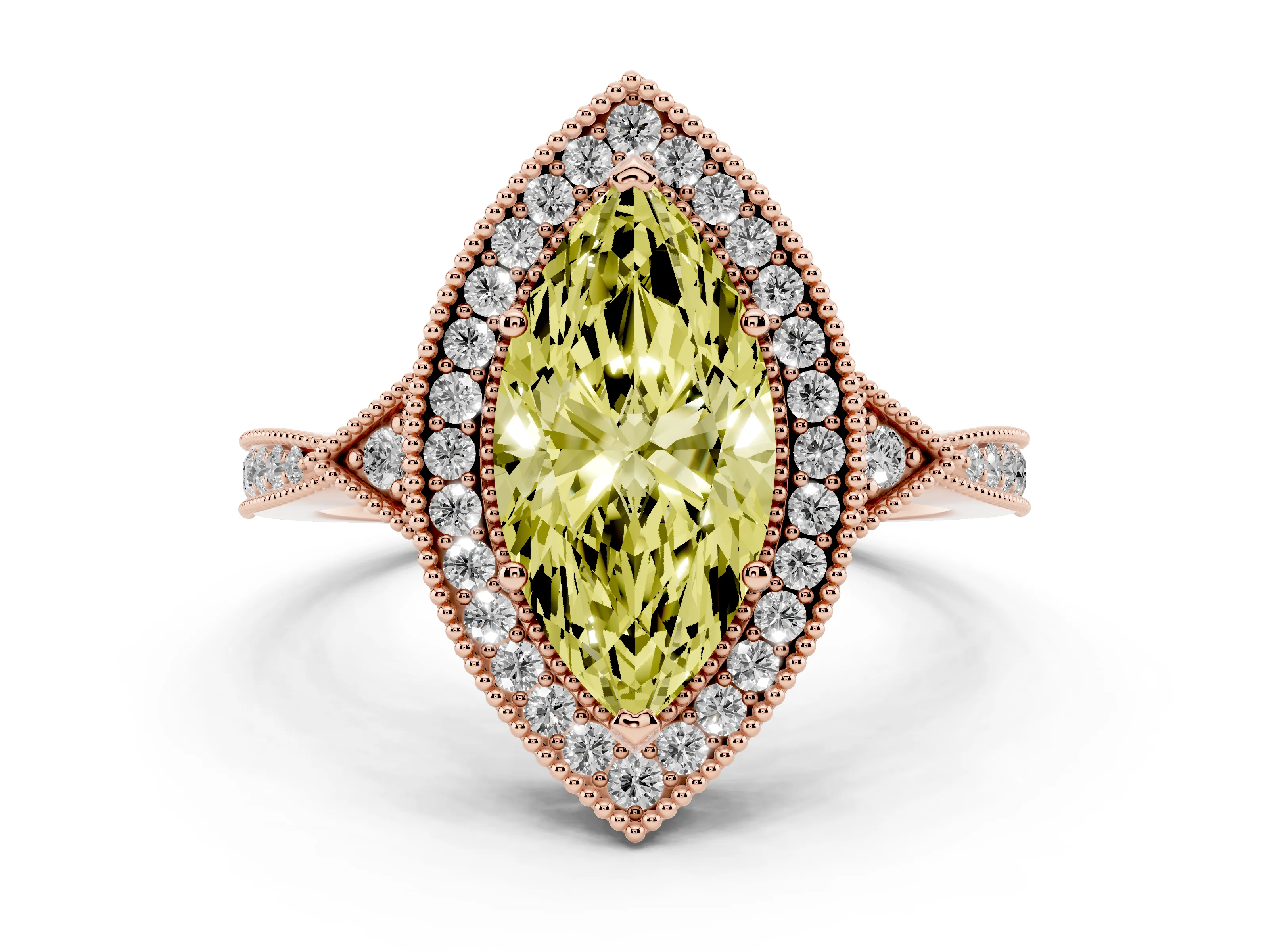 Fancy Yellow Marquise Cut Diamond Halo Engagement Ring Set in Rose gold with Milgrain Pavé Band