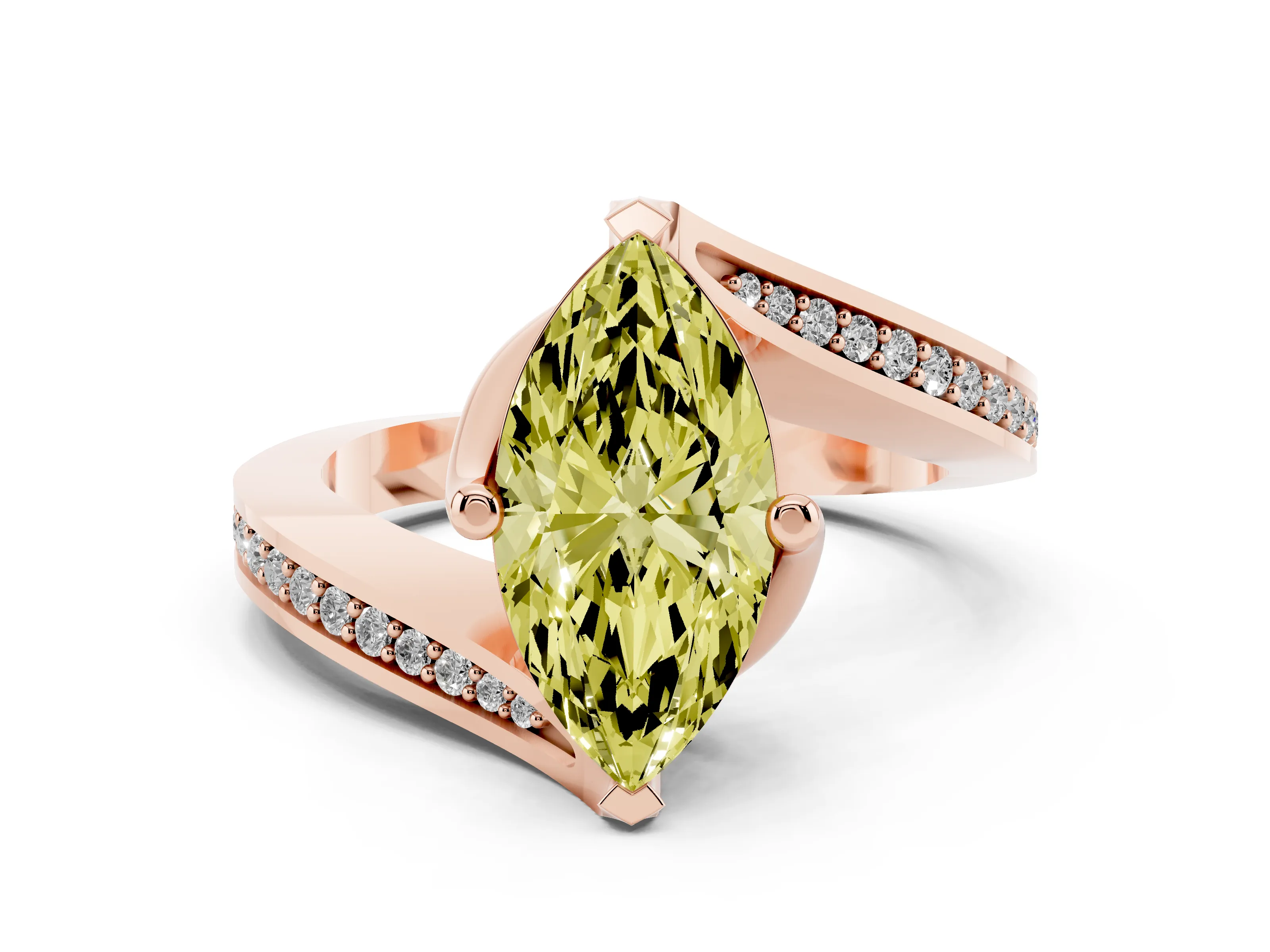 Fancy Yellow Marquise Cut Diamond Solitaire Ring Set in Rose gold with Intertwined Pavé Twist Band