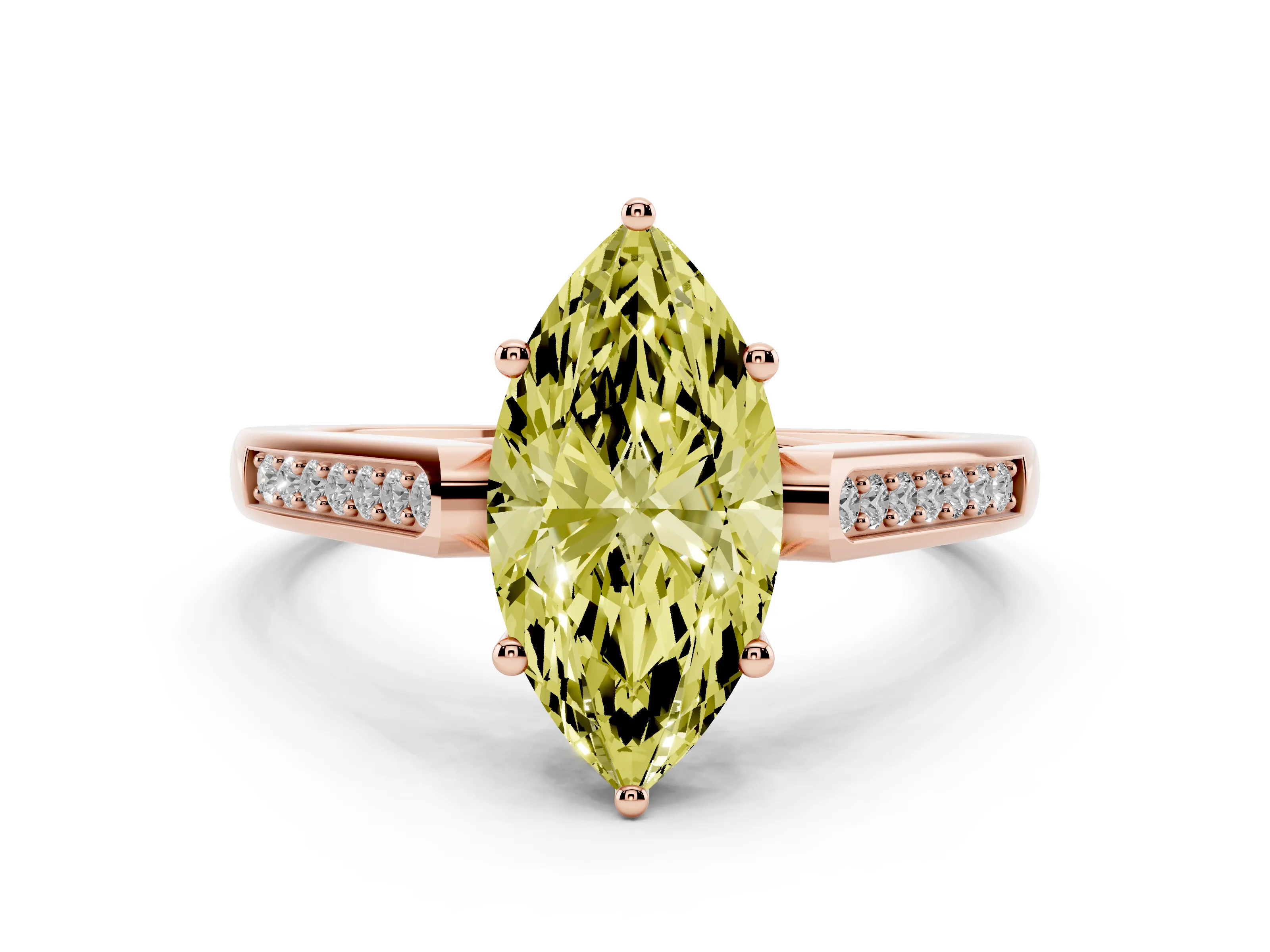 Fancy Yellow Marquise Cut Diamond Solitaire Cathedral Engagement Ring Set in Rose gold with Channel-Set Band and Prong Setting