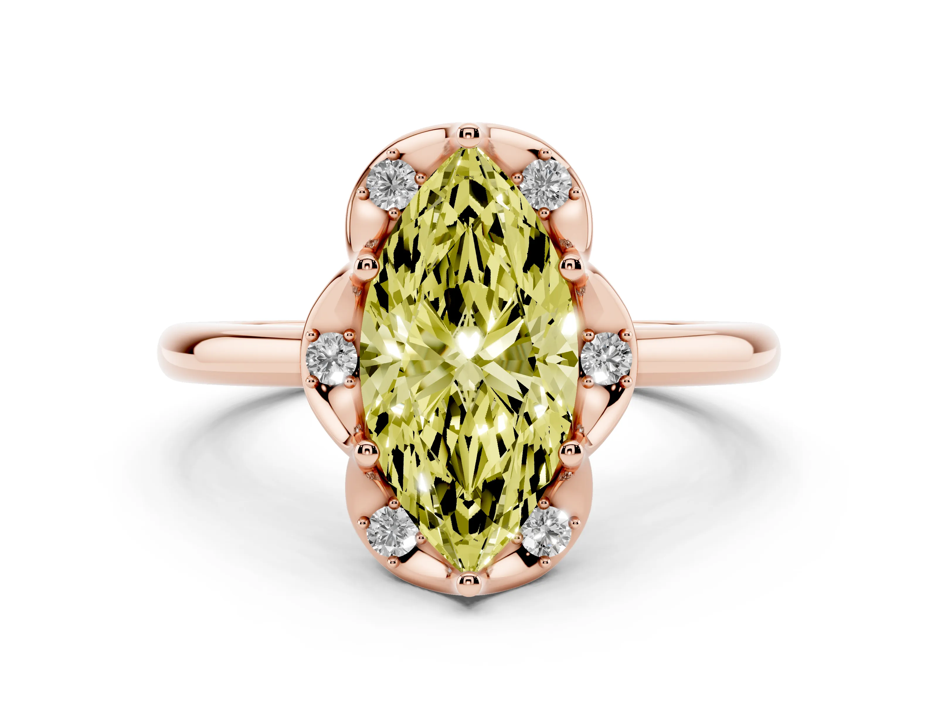 Fancy Yellow Marquise Cut Diamond Round Cluster Halo Ring Set in Rose gold with Solitaire Band and Prong Setting