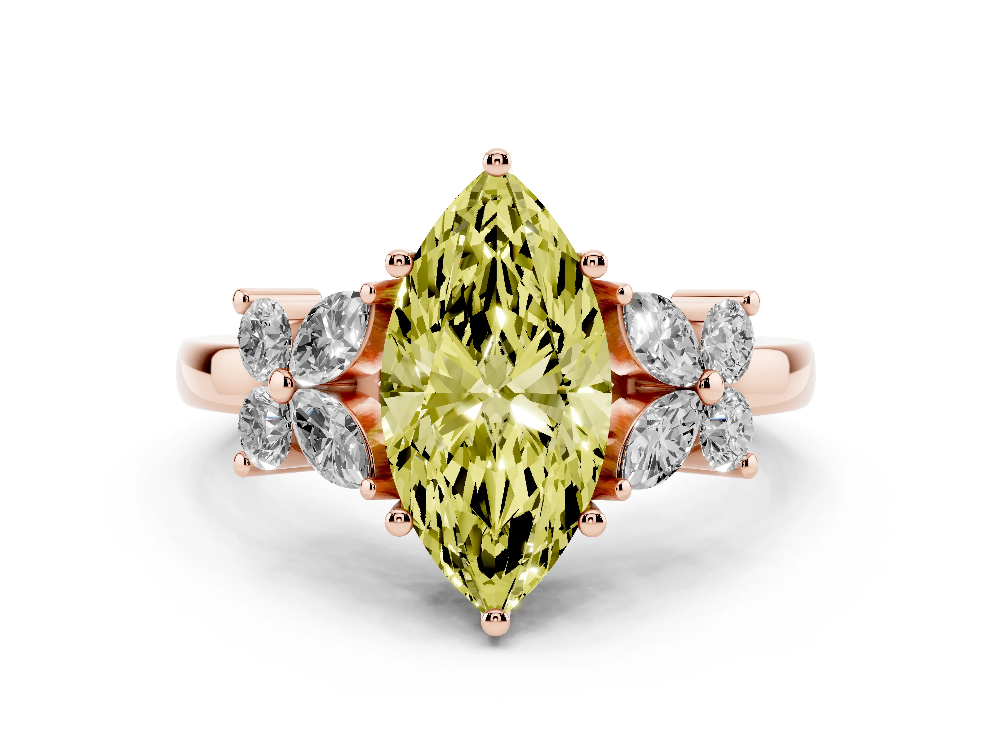 Fancy Yellow Marquise Cut Diamond Floral Cluster Ring Set in Rose gold with Marquise Petals and Prong Setting