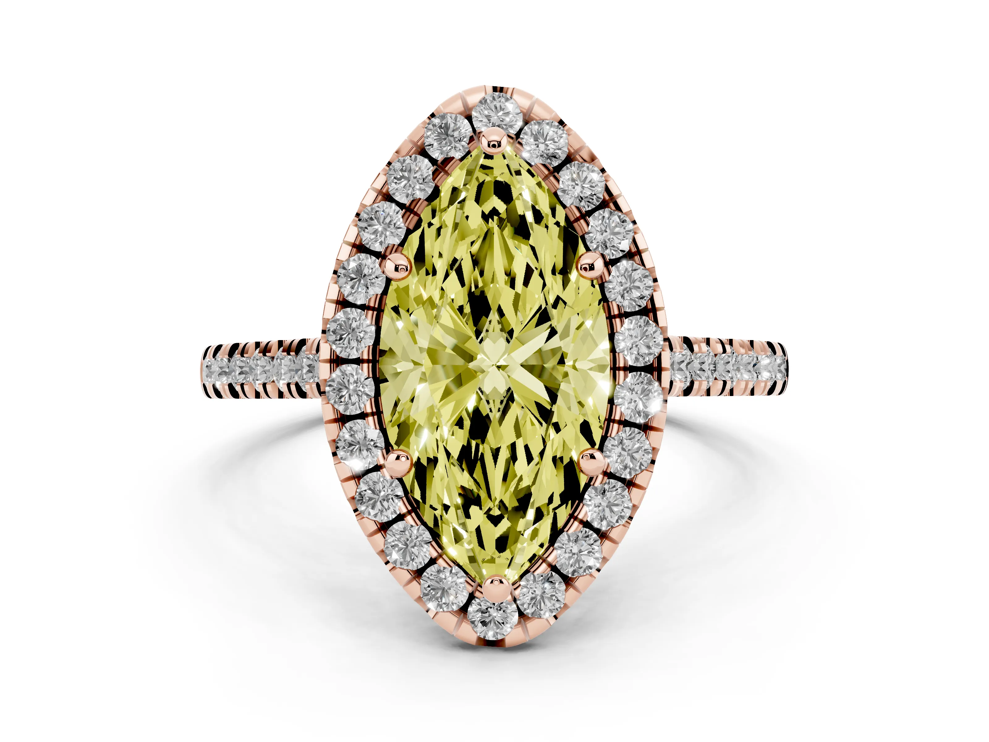 Fancy Yellow Marquise Cut Diamond Cushion Halo Ring Set in Rose gold with Pavé Band
