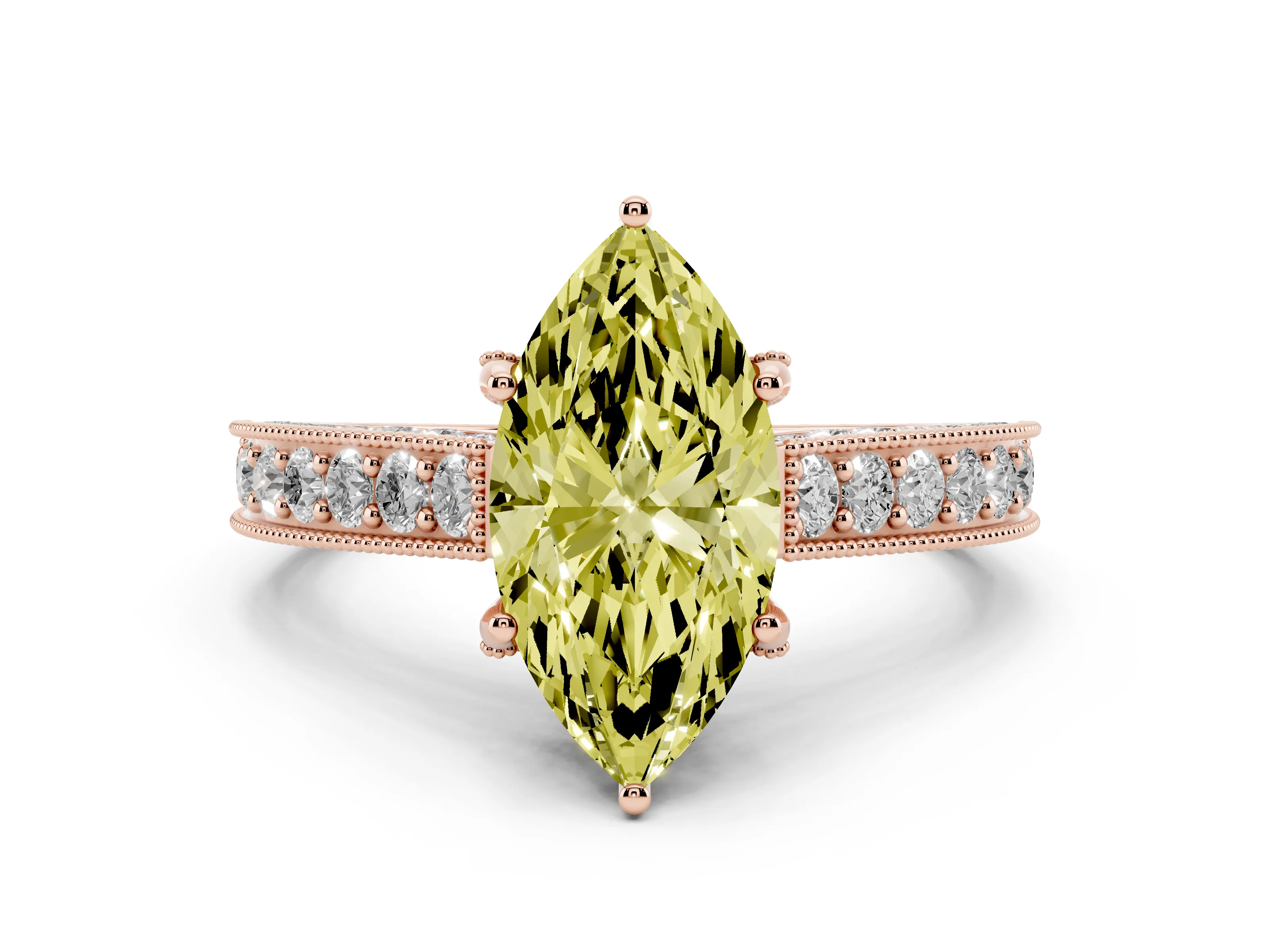 Fancy Yellow Marquise Cut Diamond Solitaire Ring Set in Rose gold with Milgrain-Edged Pavé Band and Prong Setting