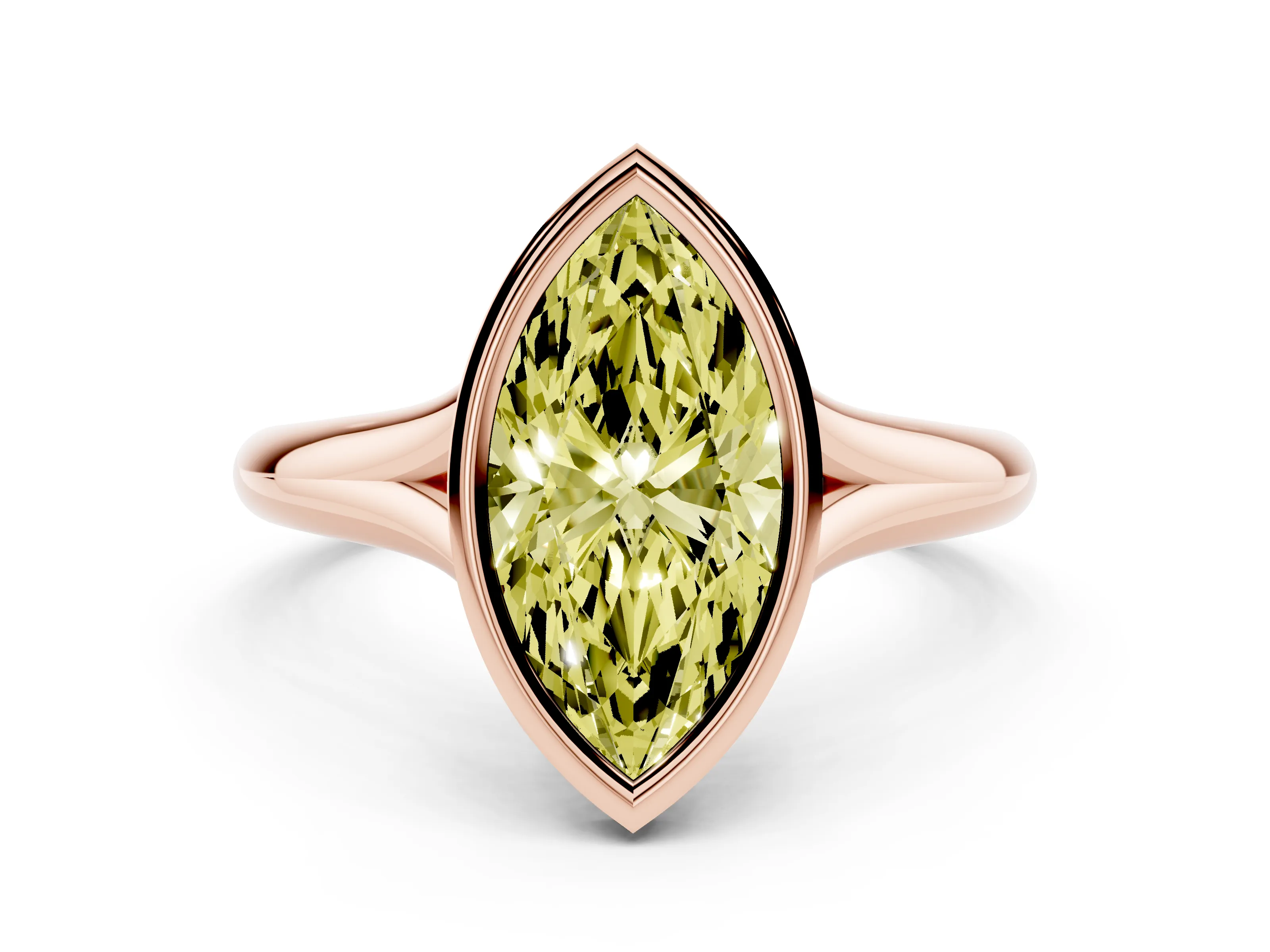 Fancy Yellow Bezel Set Marquise Cut Diamond Solitaire Ring Set in Rose gold with Smooth Band