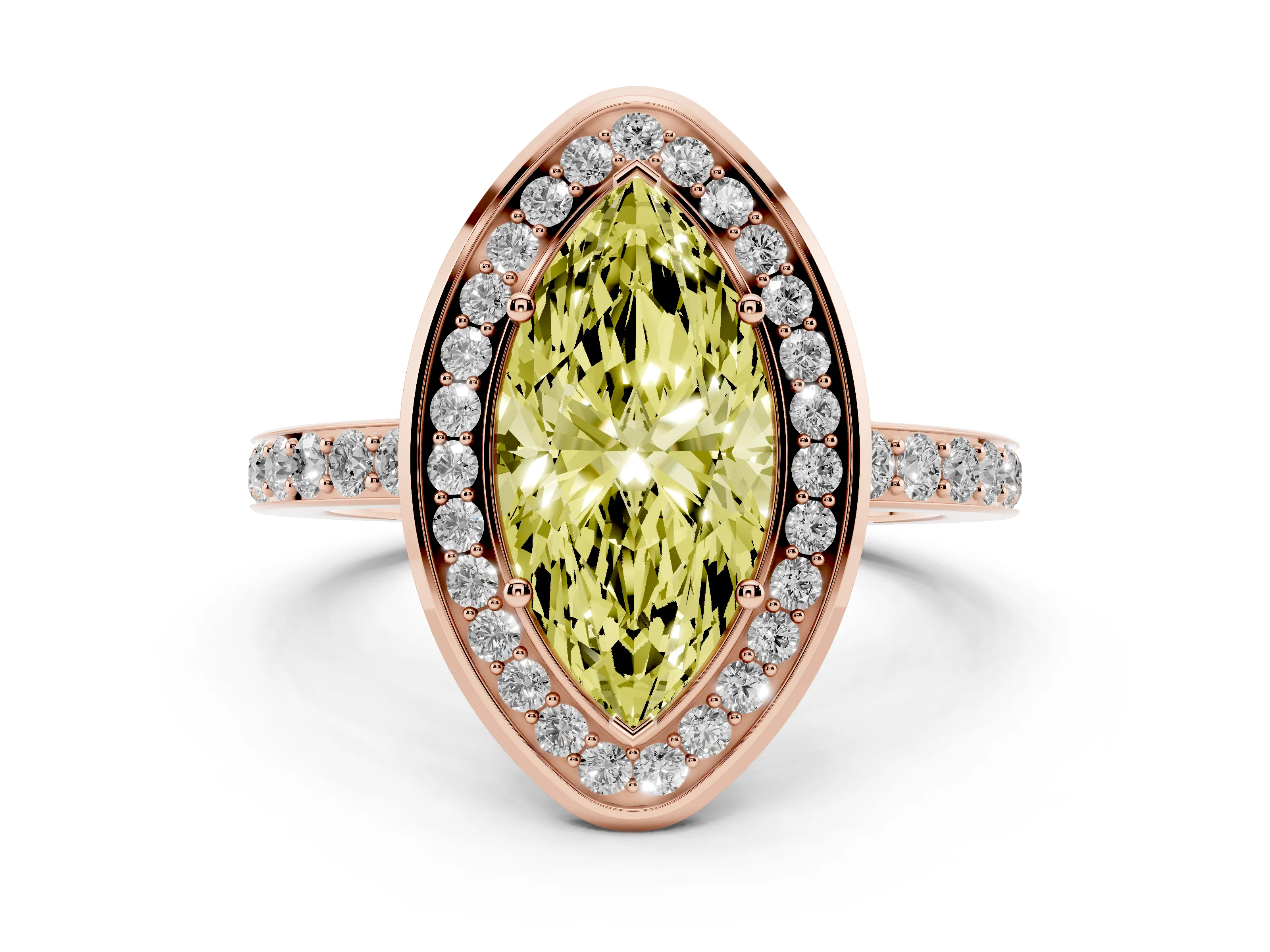 Fancy Yellow Marquise Cut Diamond Halo Ring Set in Rose gold with Bezel Frame and Pavé Band