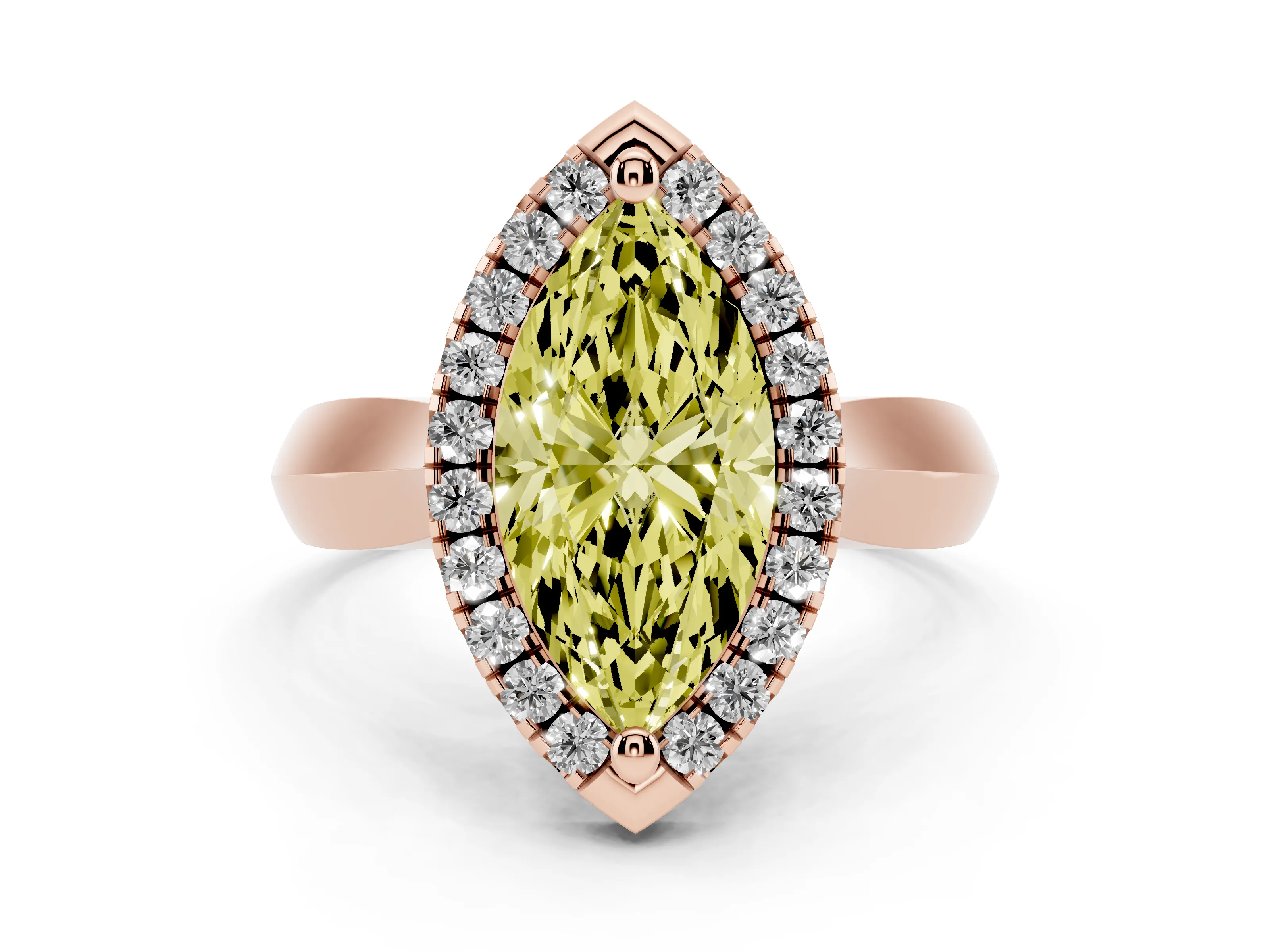 Fancy Yellow Marquise Cut Diamond Halo Solitaire Engagement Ring Set in Rose gold with Square Band and Prong Setting