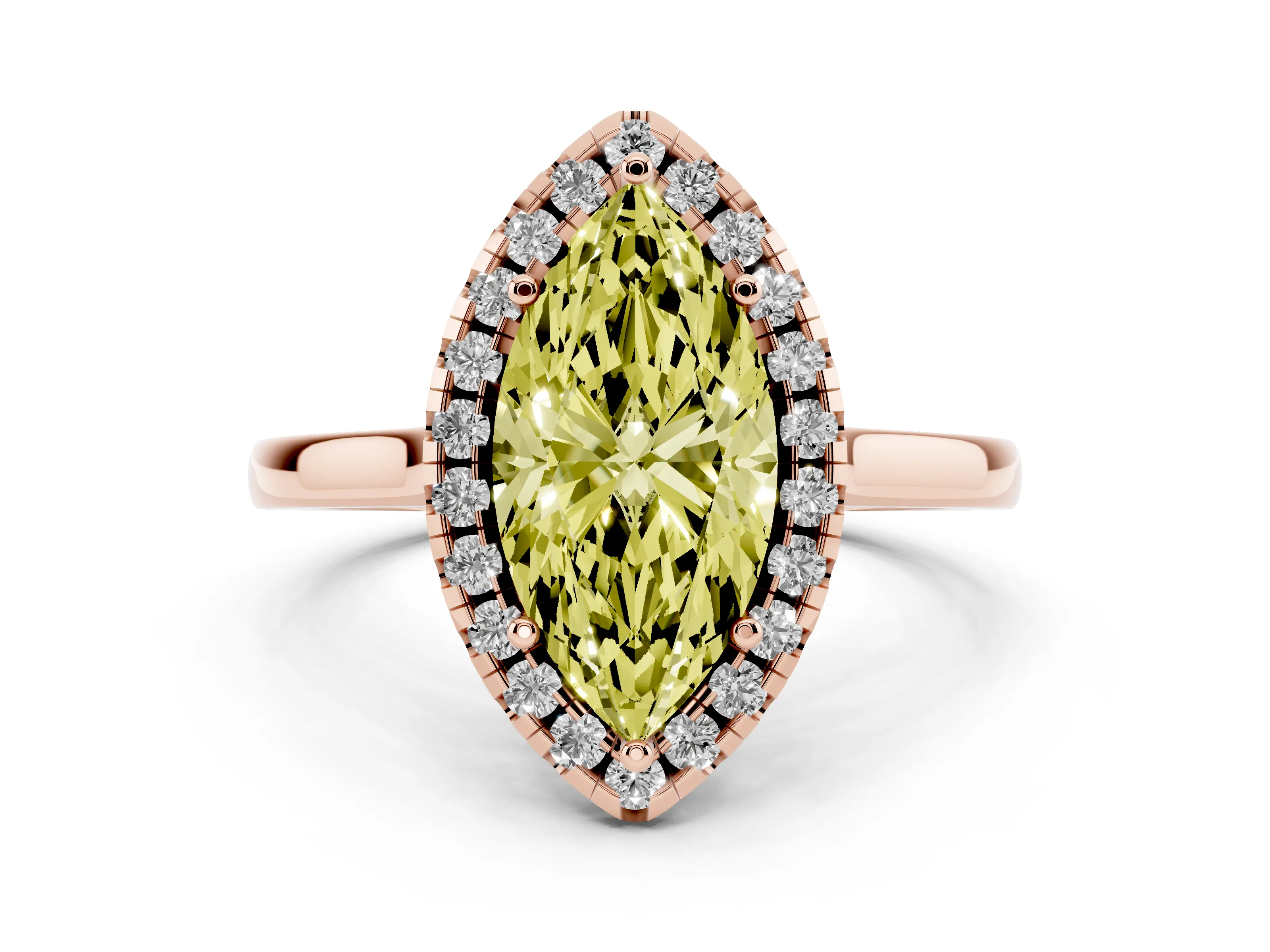 Fancy Yellow Marquise Cut Halo Round Diamond Solitaire Ring Set in Rose gold with Pavé Band and Prong Setting