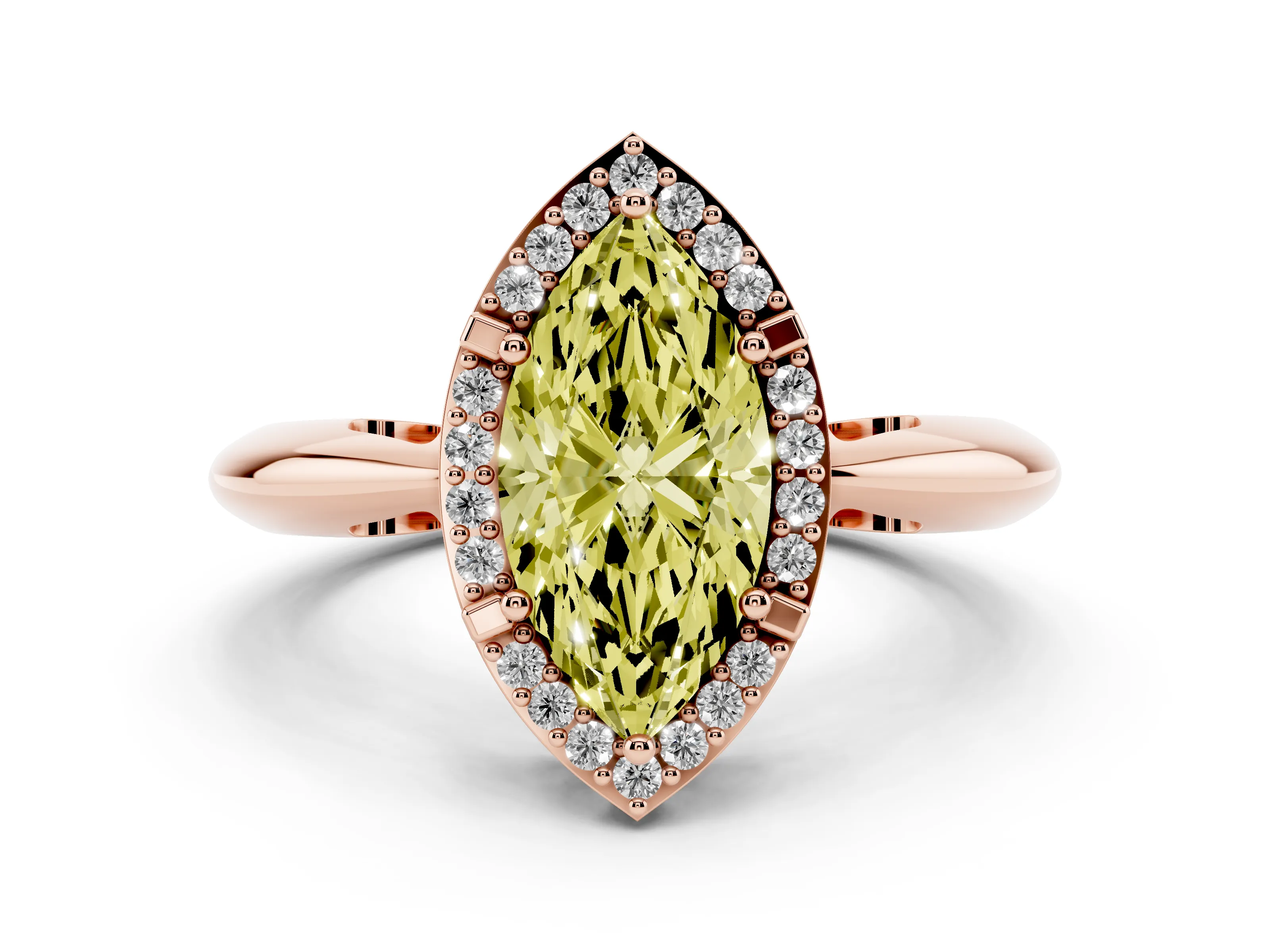 Fancy Yellow Marquise Cut Diamond Halo Engagement Ring Set in Rose gold with Plain Split Shank and Prong Setting