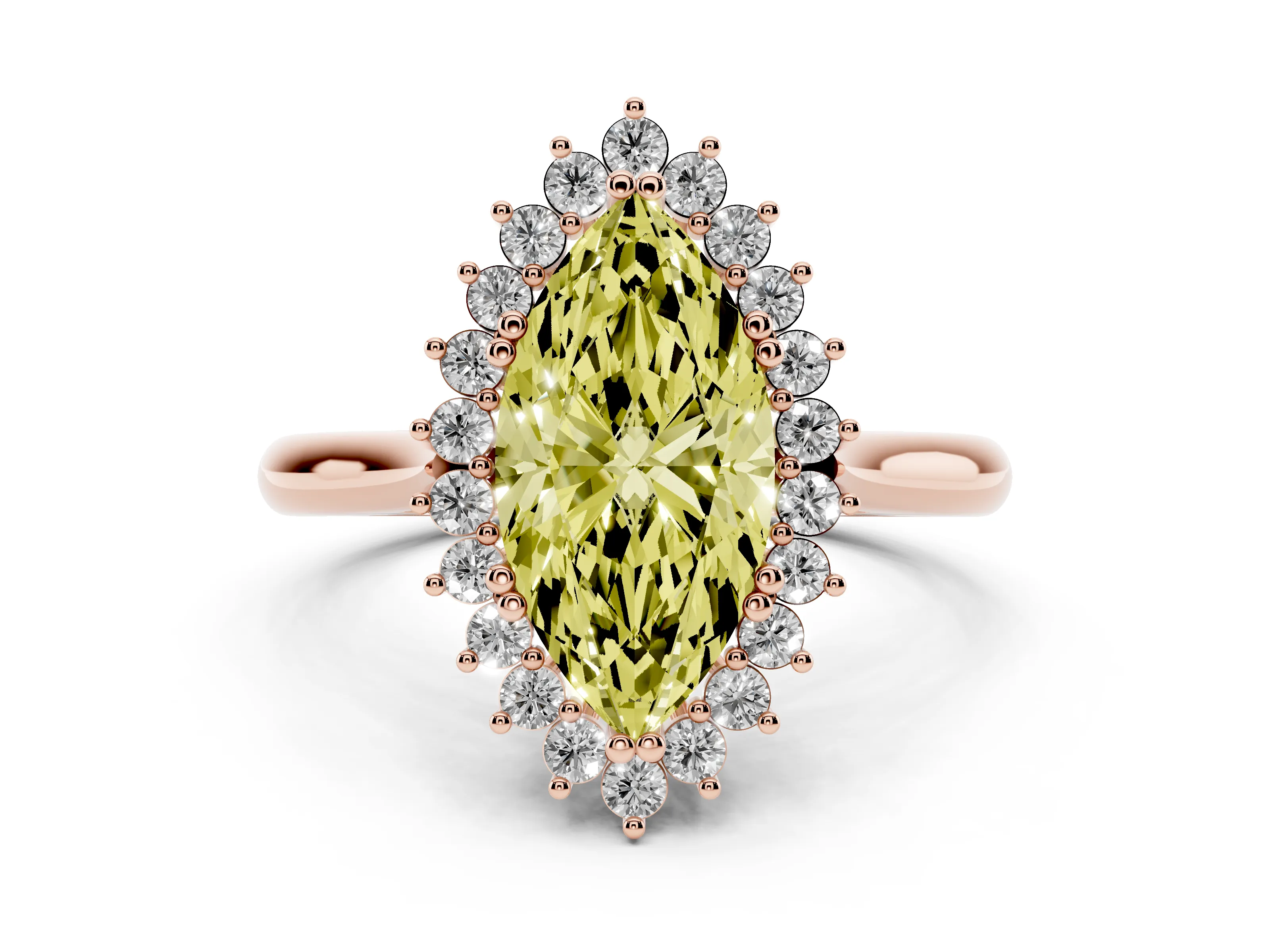 Fancy Yellow Marquise Cut Diamond Halo Ring Set in Rose gold with Plain Solitaire Band and Prong Setting