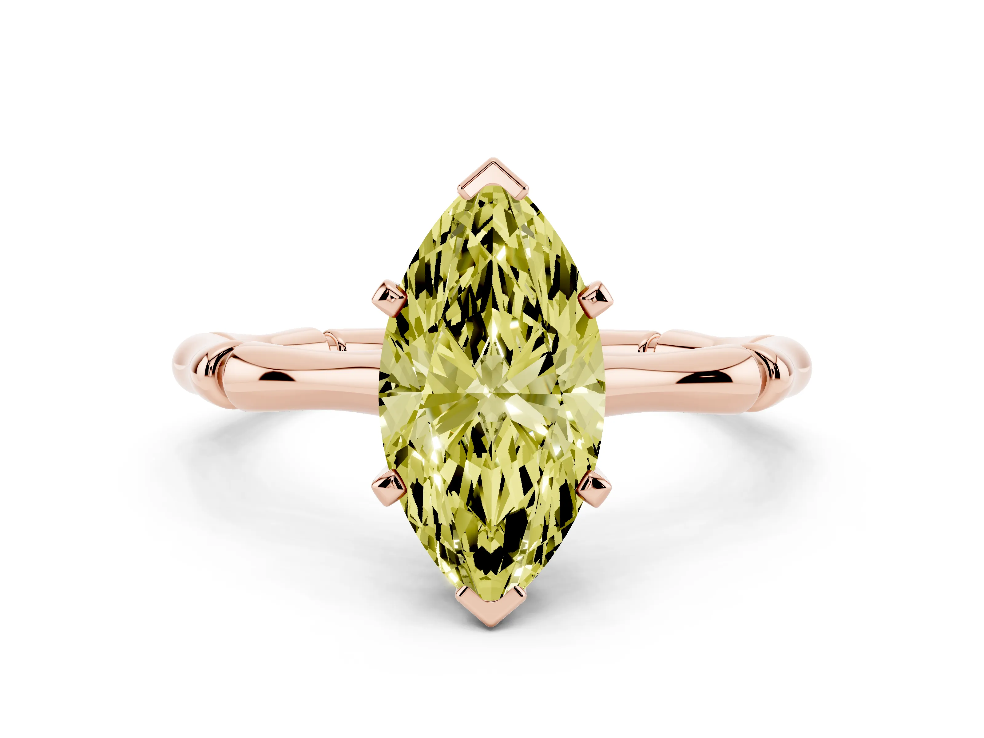 Fancy Yellow Marquise Cut Diamond Solitaire Ring Set in Rose gold with Bamboo Band and Prong Setting