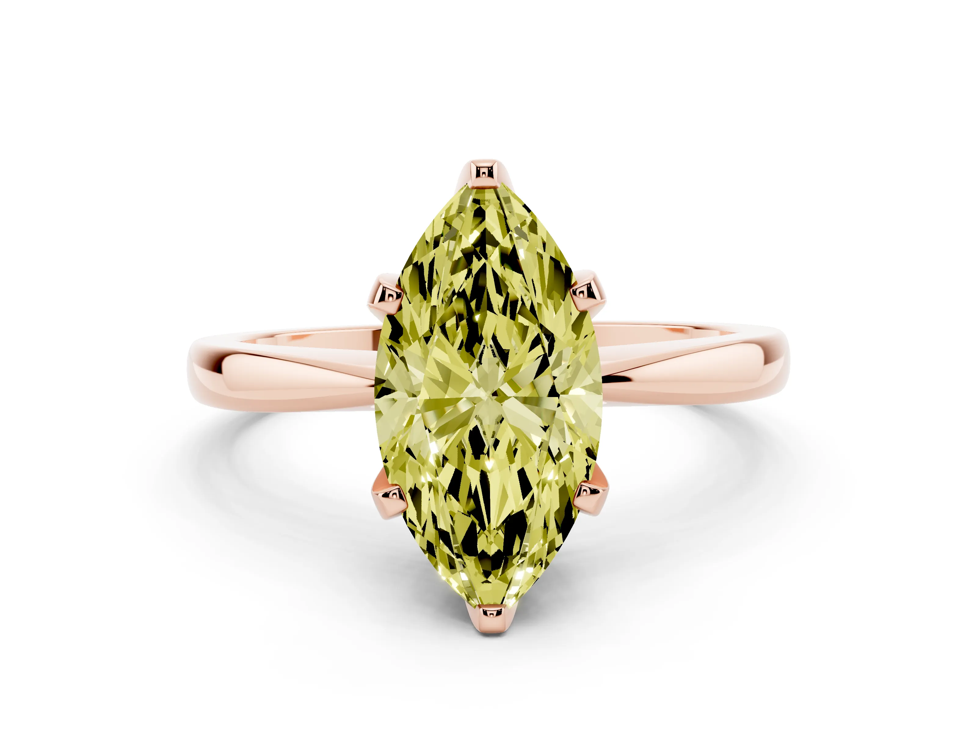 Fancy Yellow Marquise Cut Diamond Solitaire Engagement Ring Set in Rose gold with Slim Tapered Solitaire Band