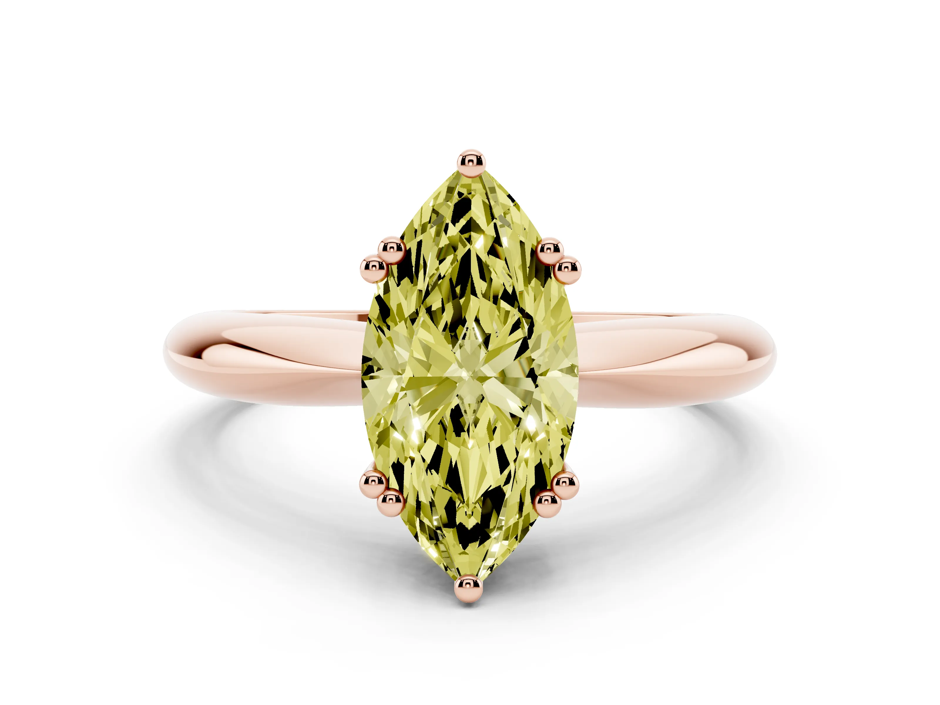 Fancy Yellow Marquise Cut Diamond Solitaire Engagement Ring Set in Rose gold with Tapered Band and Prong Setting