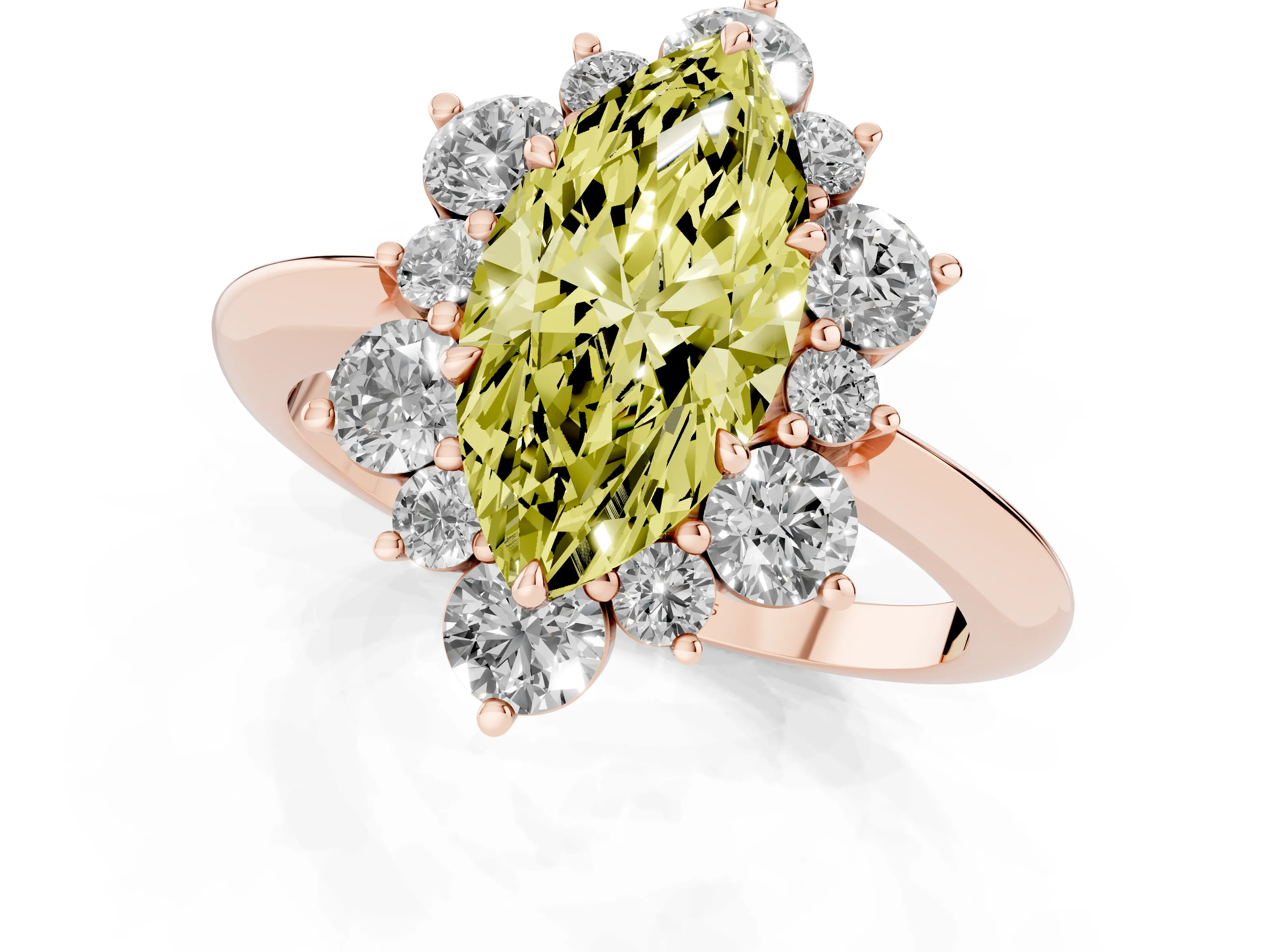 Fancy Yellow Marquise Cut Diamond Cluster Halo Ring Set in Rose gold with Solitaire Band and Prong Setting