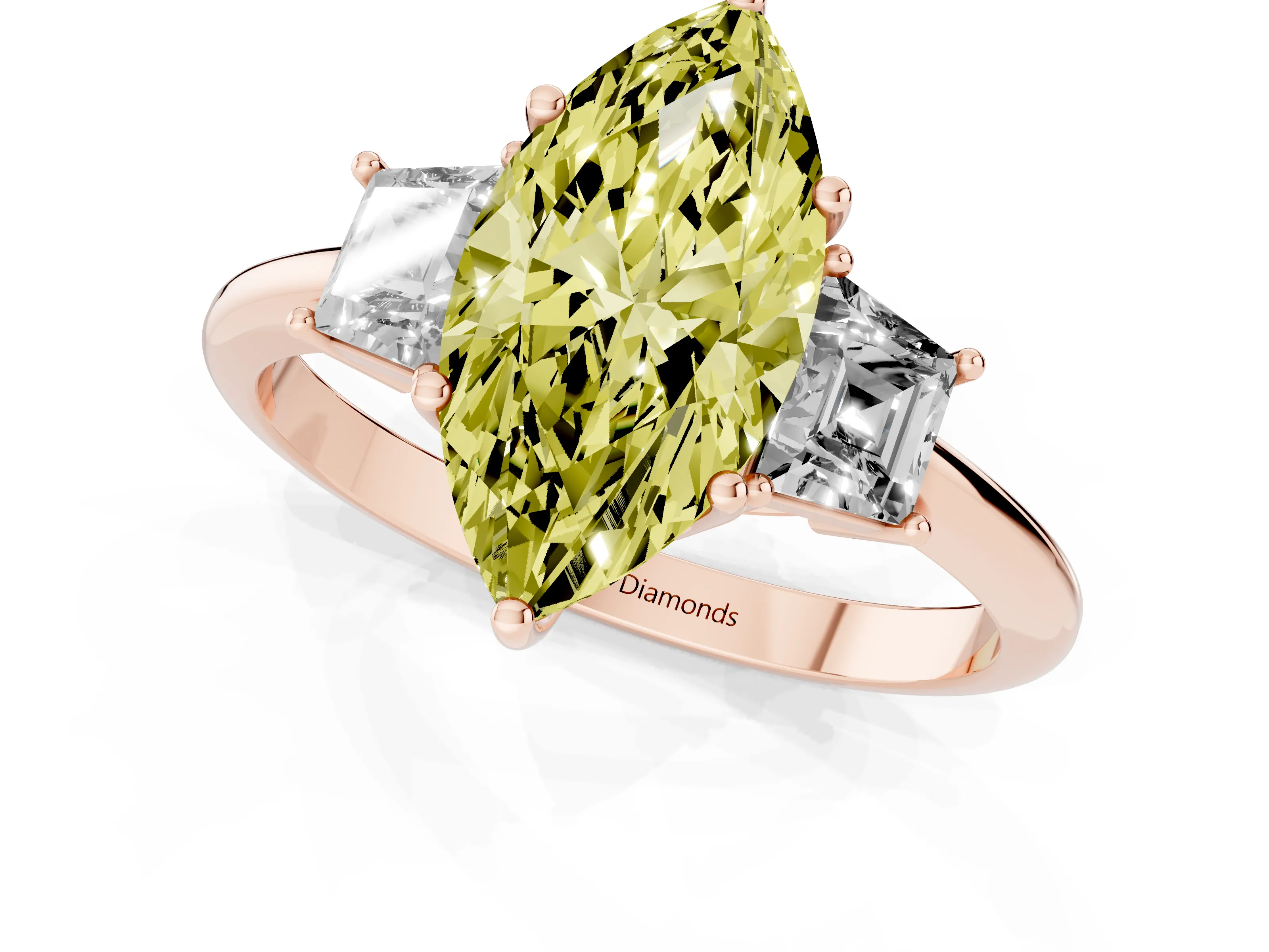 Fancy Yellow Marquise Cut Diamond Three-Stone Ring Set in Rose gold with Trapezoid Side Stones and Prong Setting