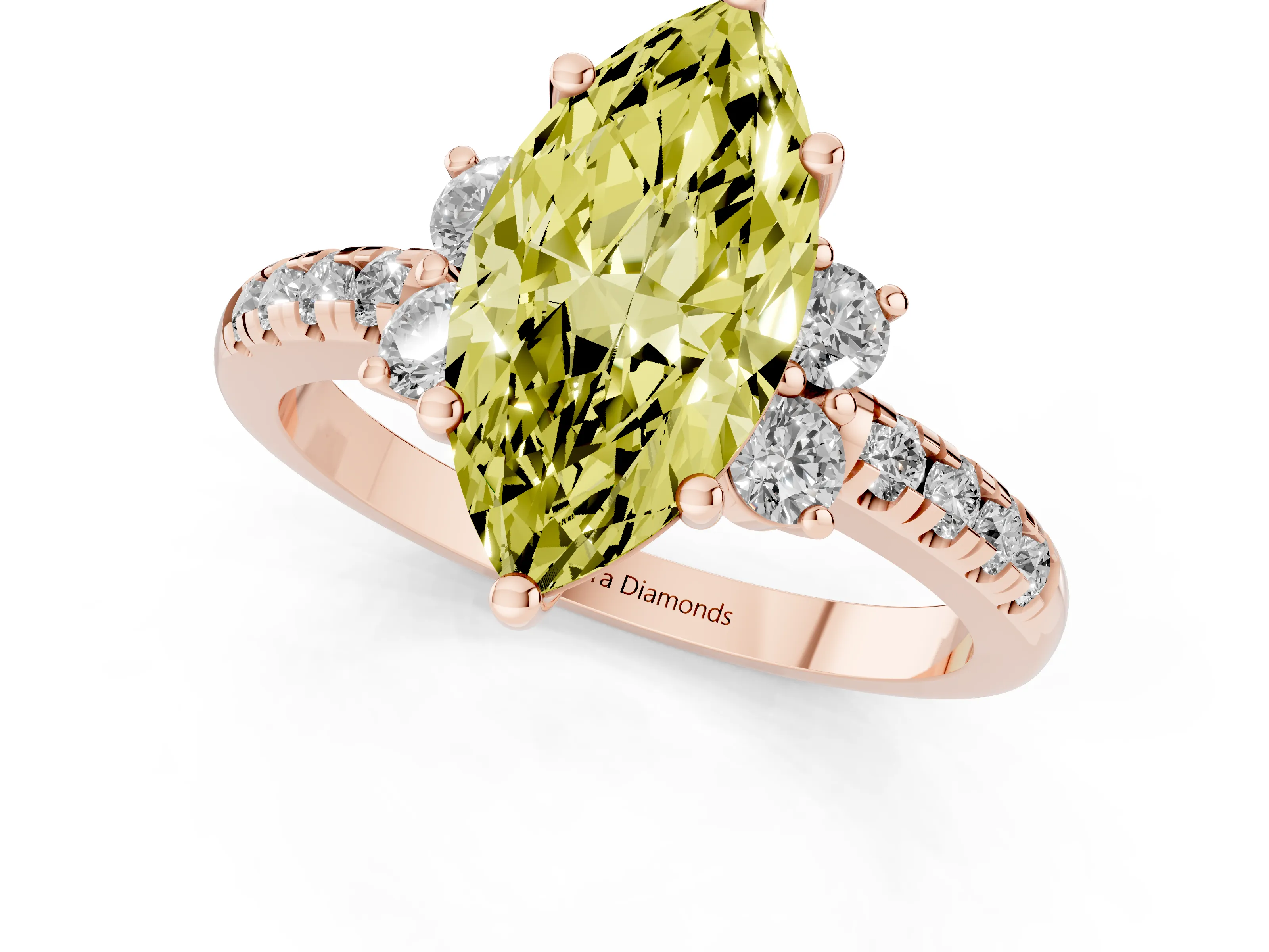 Fancy Yellow Marquise Cut Diamond Three-Stone Pavé Ring Set in Rose gold with Prong Setting