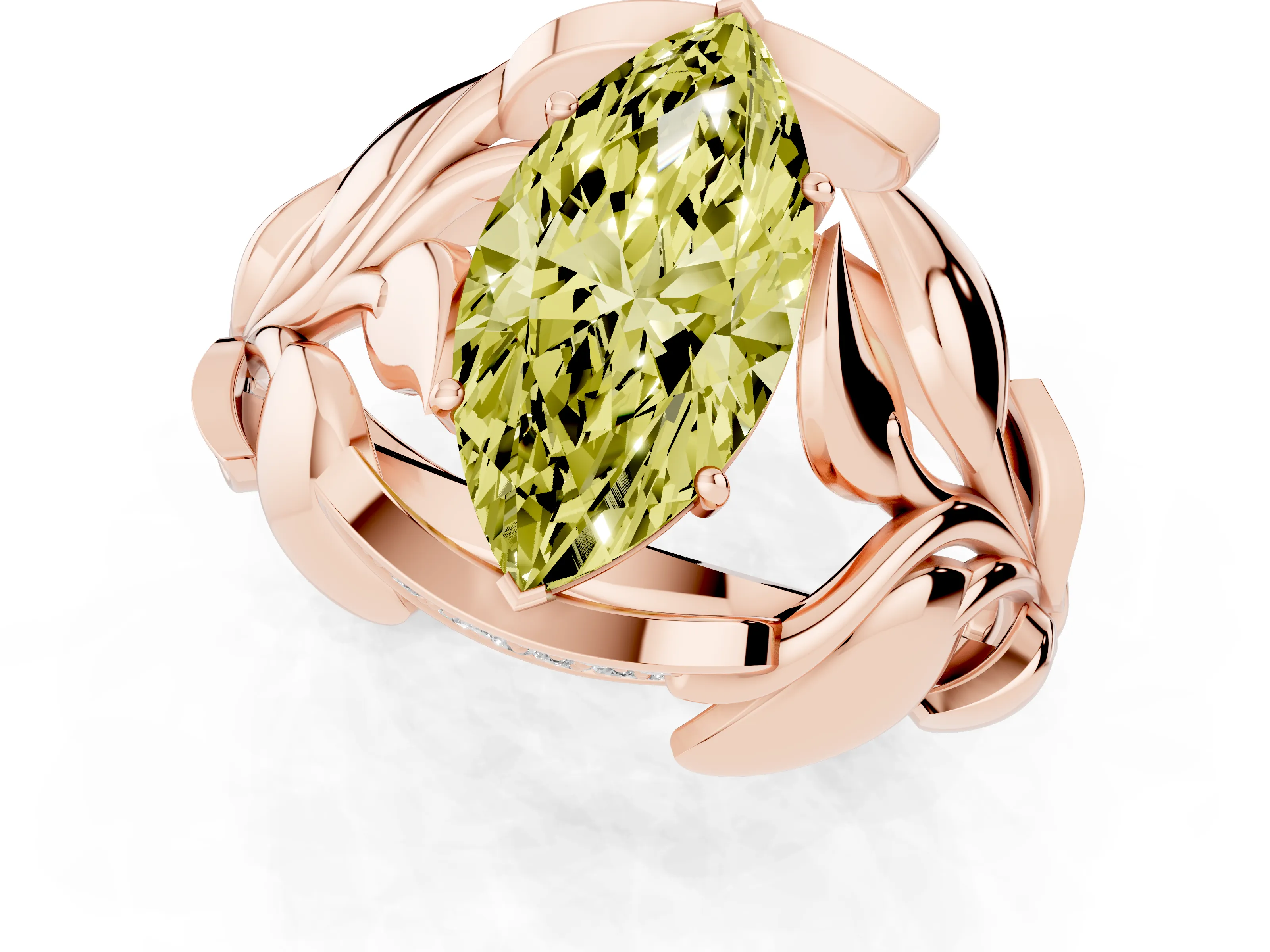 Fancy Yellow Marquise Cut Diamond Leaf-Inspired Engagement Ring Set in Rose gold with Round Accents