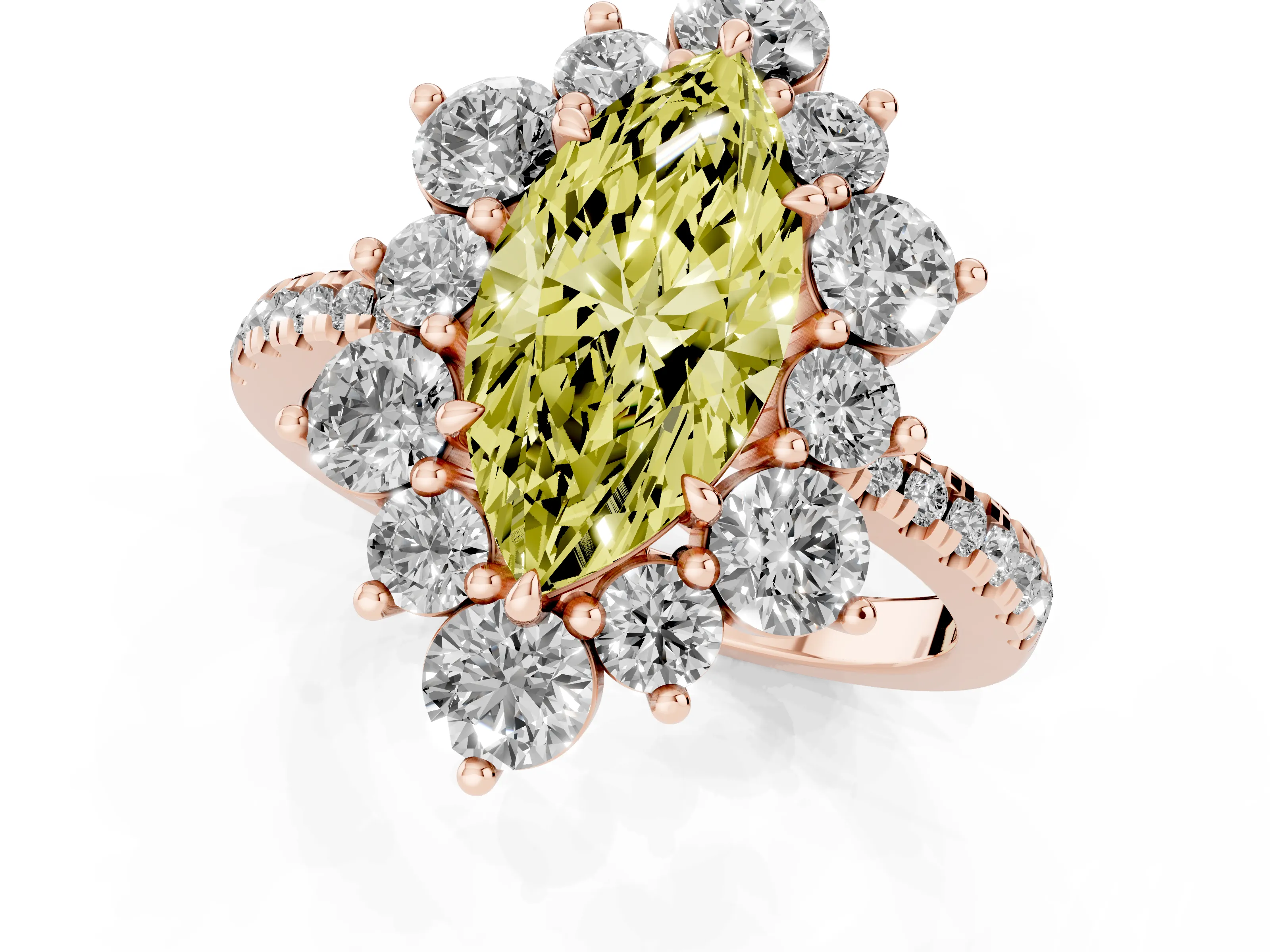 Fancy Yellow Marquise Cut Diamond Floral Halo Ring Set in Rose gold with Round Pavé Band and Prong Setting