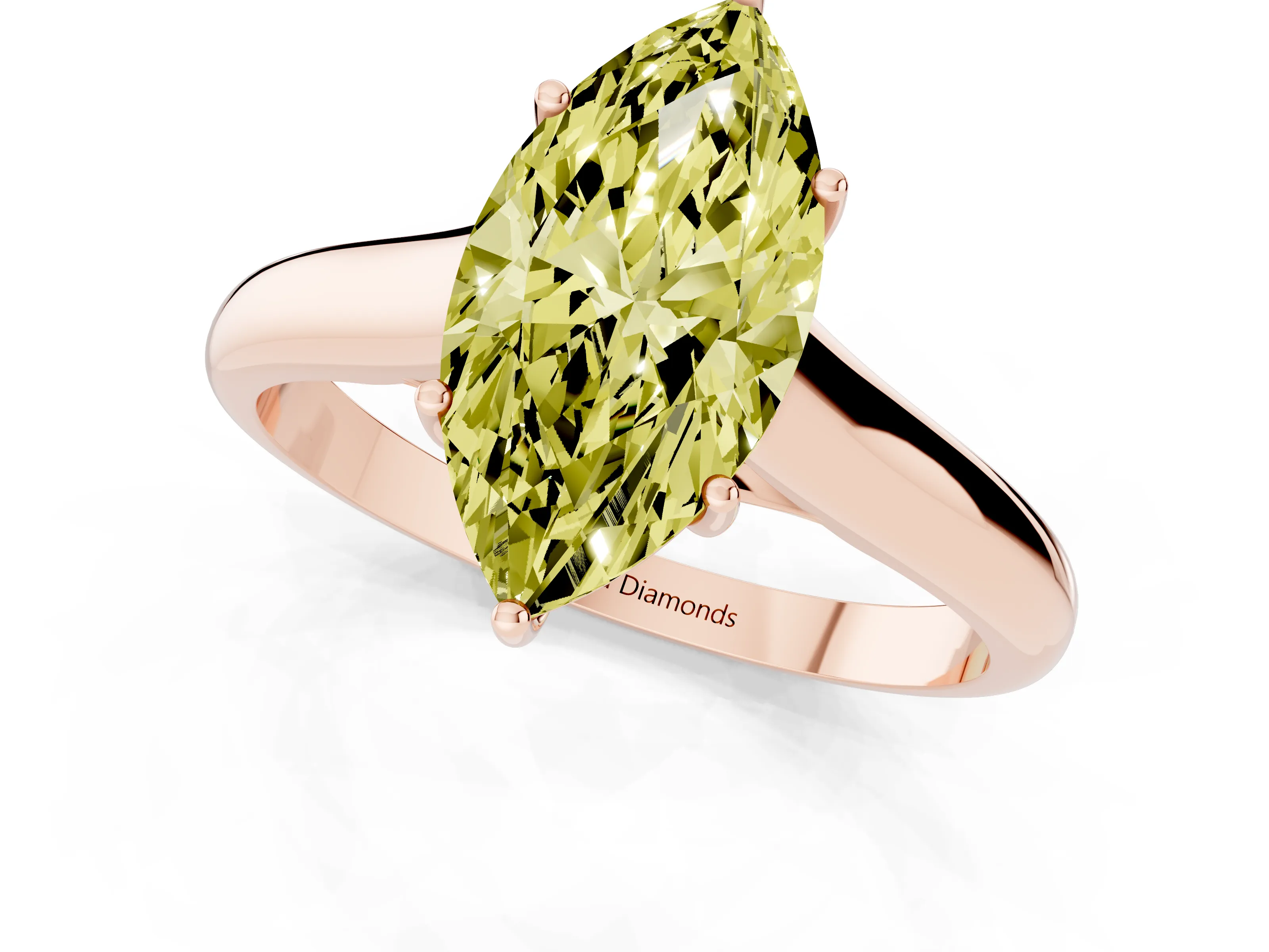 Fancy Yellow Marquise Cut Diamond Solitaire Engagement Ring Set in Rose gold with Subtly Tapered Band and Prong Setting