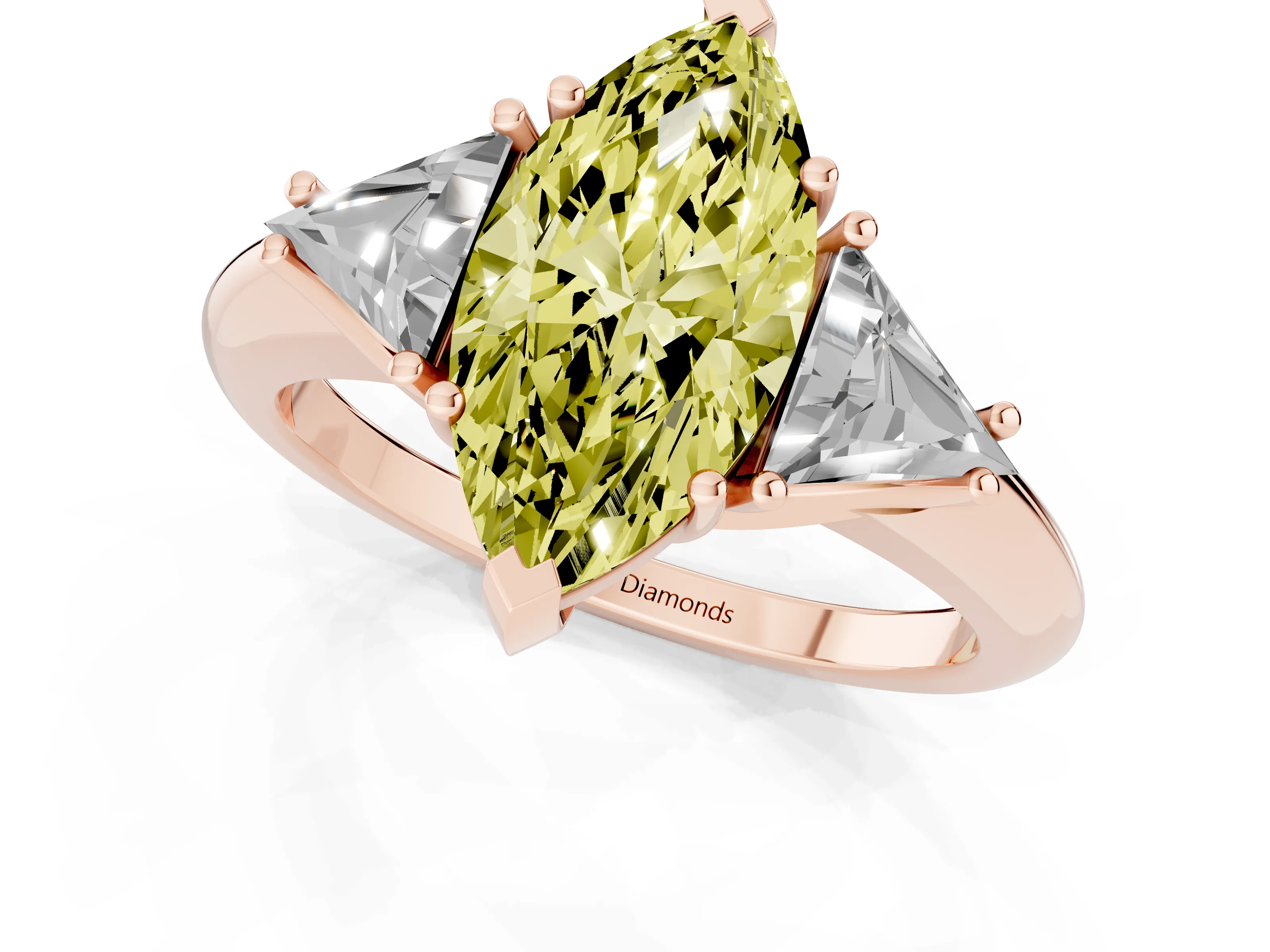 Fancy Yellow Marquise Cut Diamond Three-Stone Engagement Ring Set in Rose gold with Trillion Side Stones