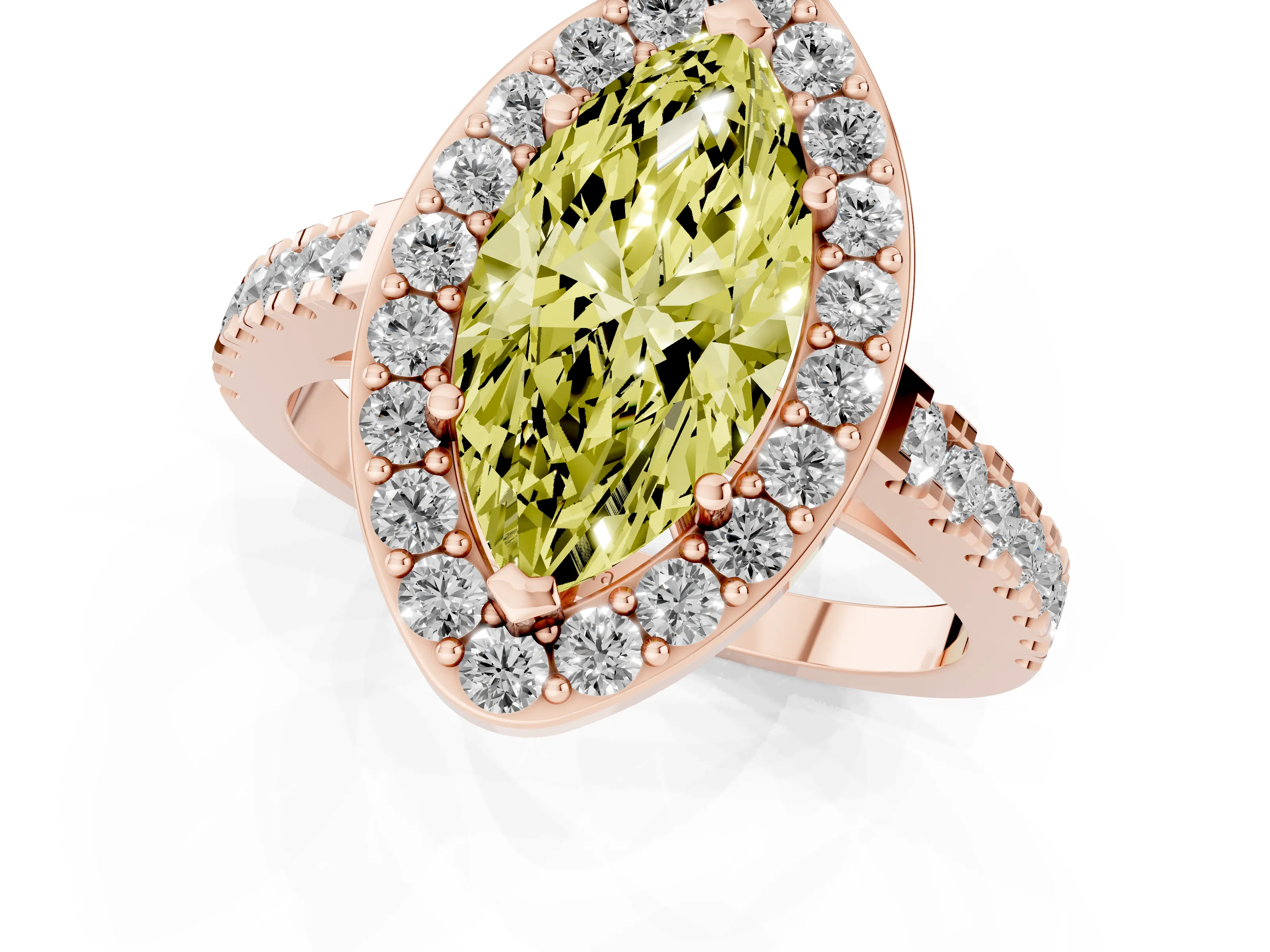 Fancy Yellow Marquise Cut Diamond Halo Ring Set in Rose gold with Round Pavé Split Shank and Prong Setting