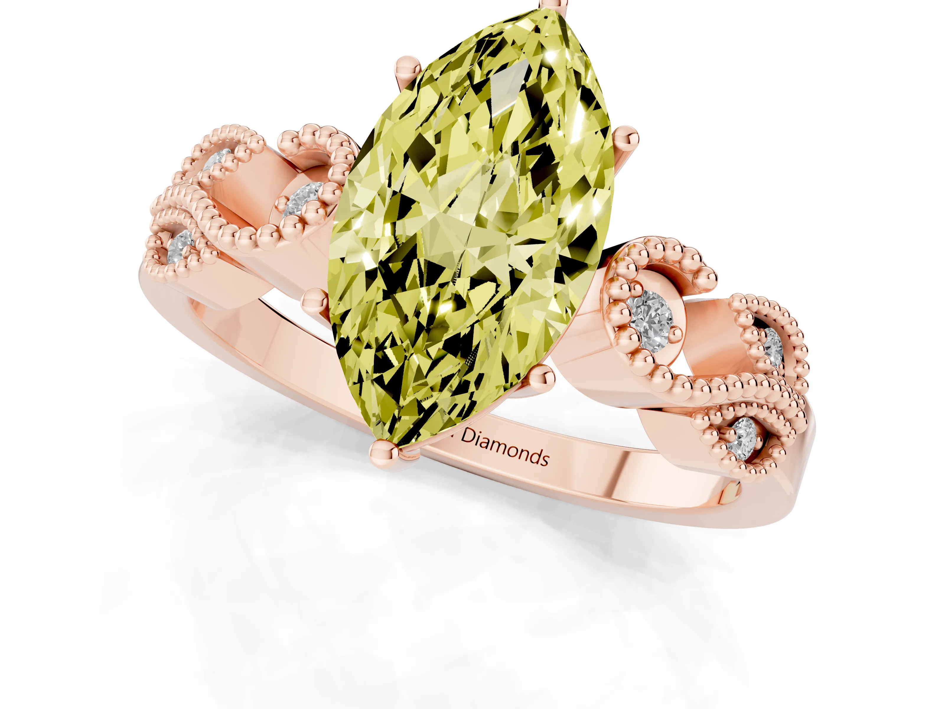 Fancy Yellow Marquise Cut Diamond Milgrain Leaf Band Solitaire Ring Set in Rose gold with Accent Stones and Prong Setting