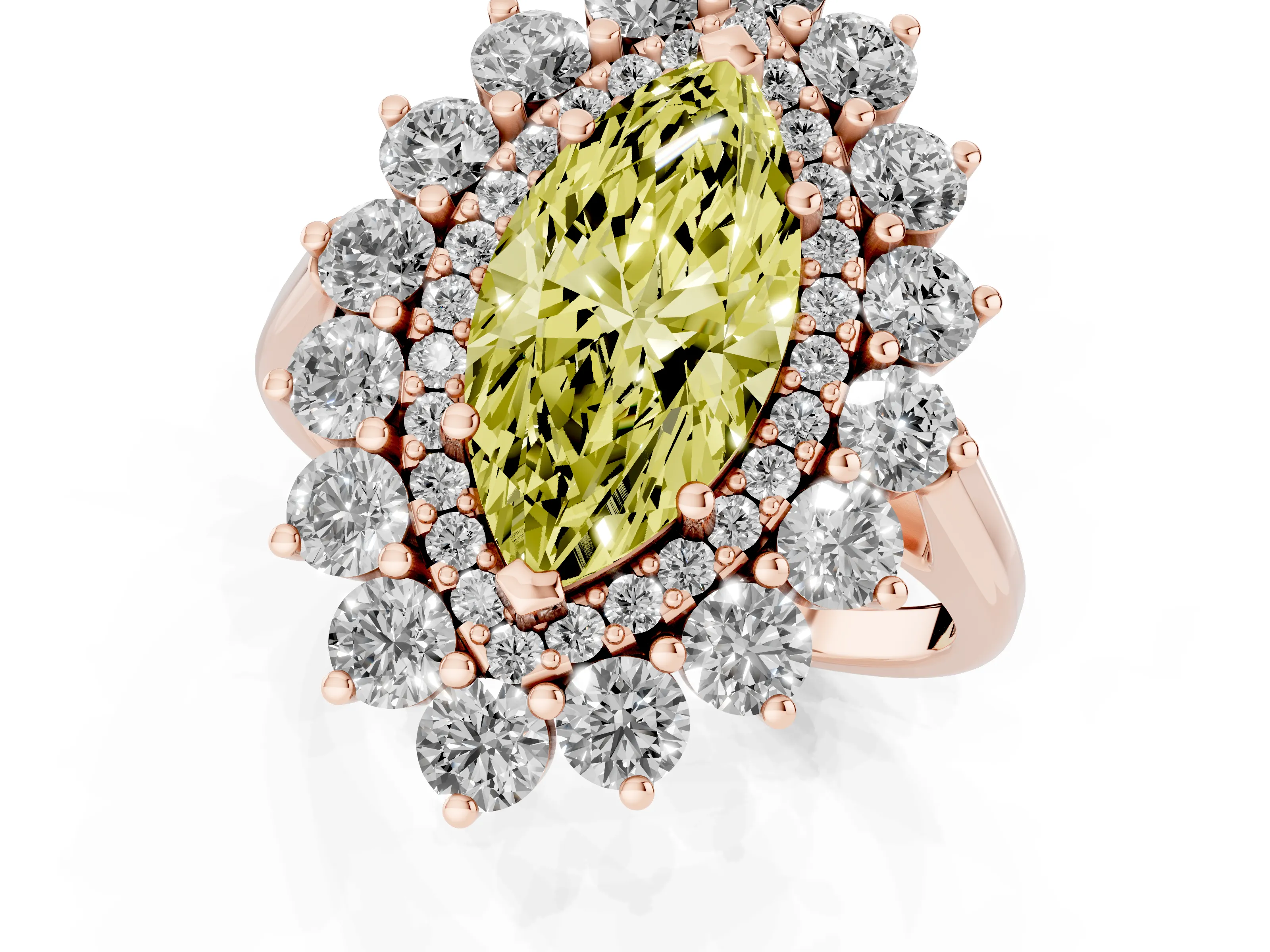 Fancy Yellow Marquise Cut Diamond Floral Double Halo Ring Set in Rose gold with Round Petals