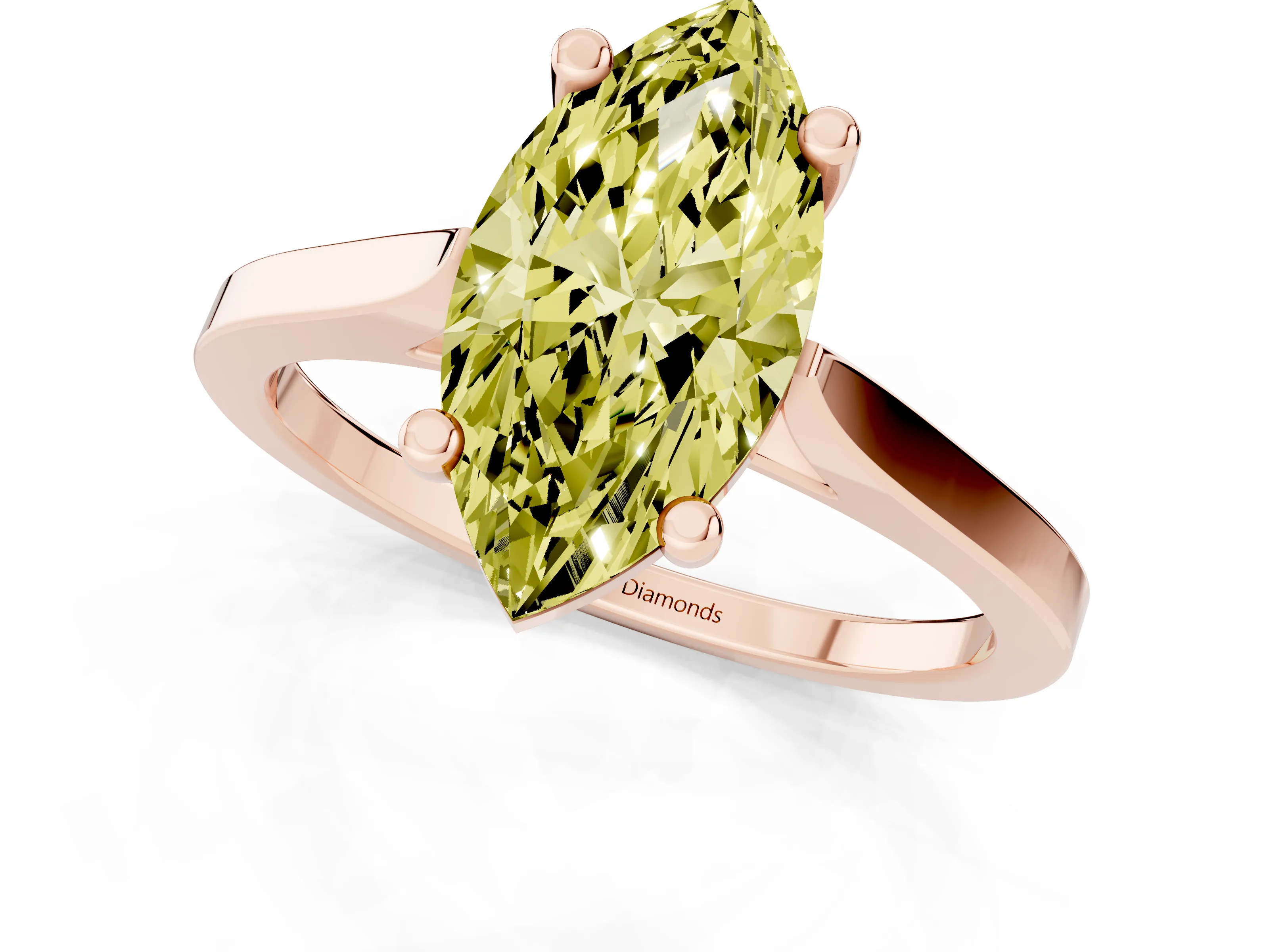 Fancy Yellow Marquise Cut Diamond Solitaire Ring Set in Rose gold with Prong Setting and Tapered Band