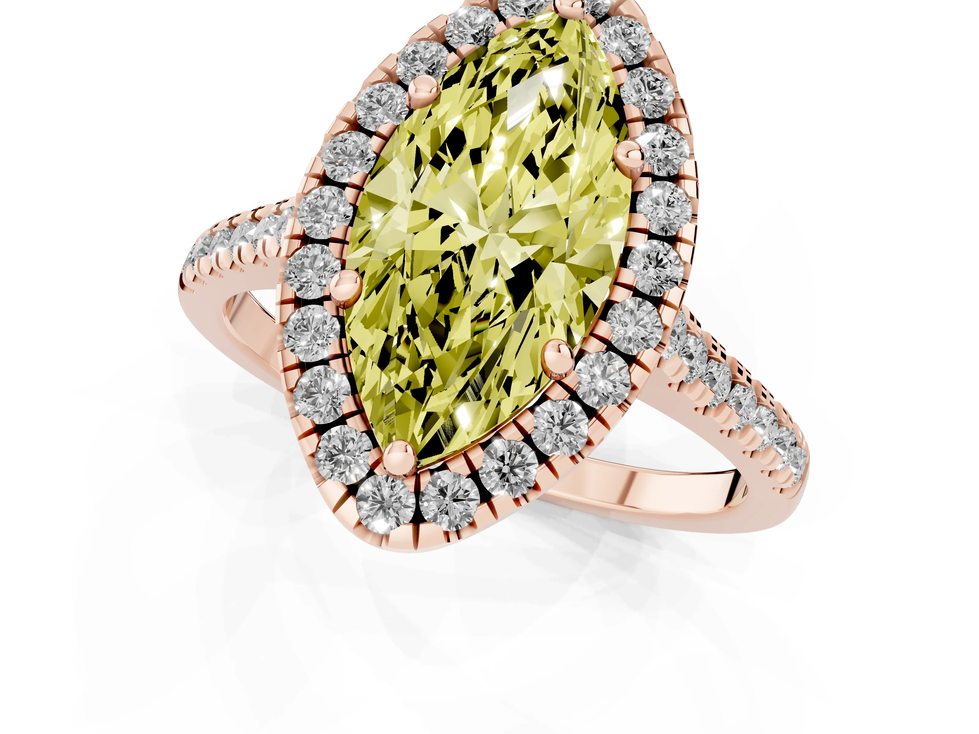 Fancy Yellow Marquise Cut Diamond Cushion Halo Ring Set in Rose gold with Pavé Band