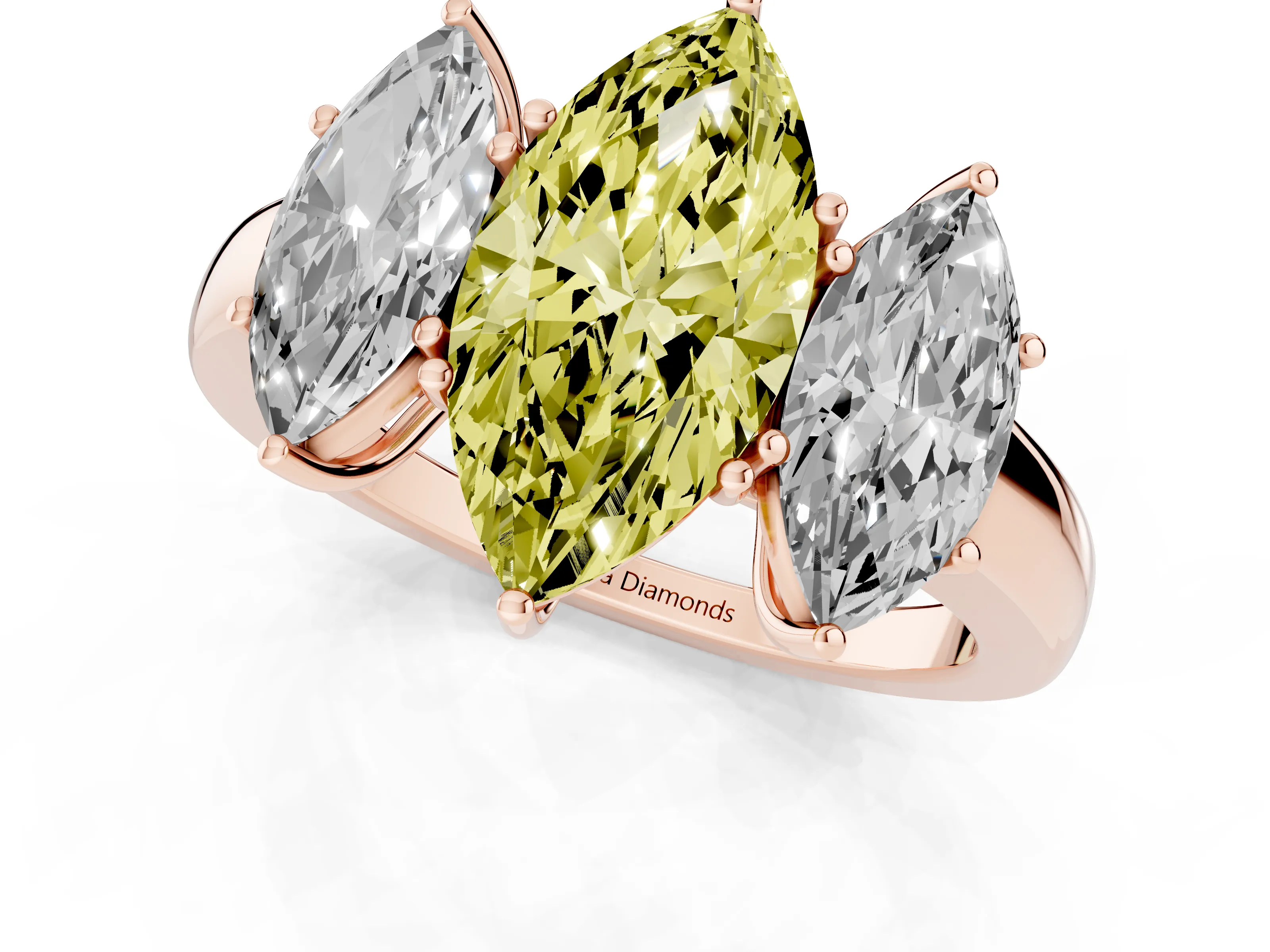 Fancy Yellow Marquise Cut Diamond Three-Stone Ring Set in Rose gold with Bold Center and Classic Band