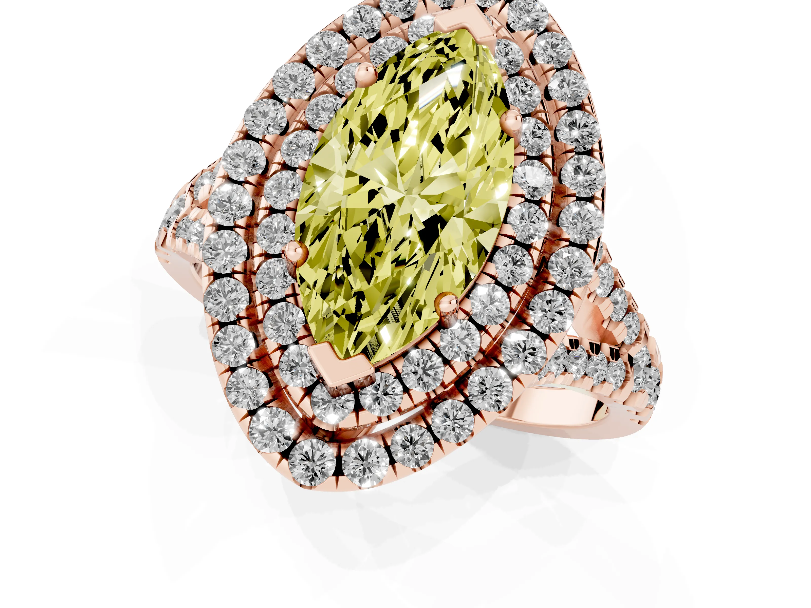 Fancy Yellow Marquise Cut Diamond Double Halo Ring Set in Rose gold with Pavé Split Shank and Prong Setting
