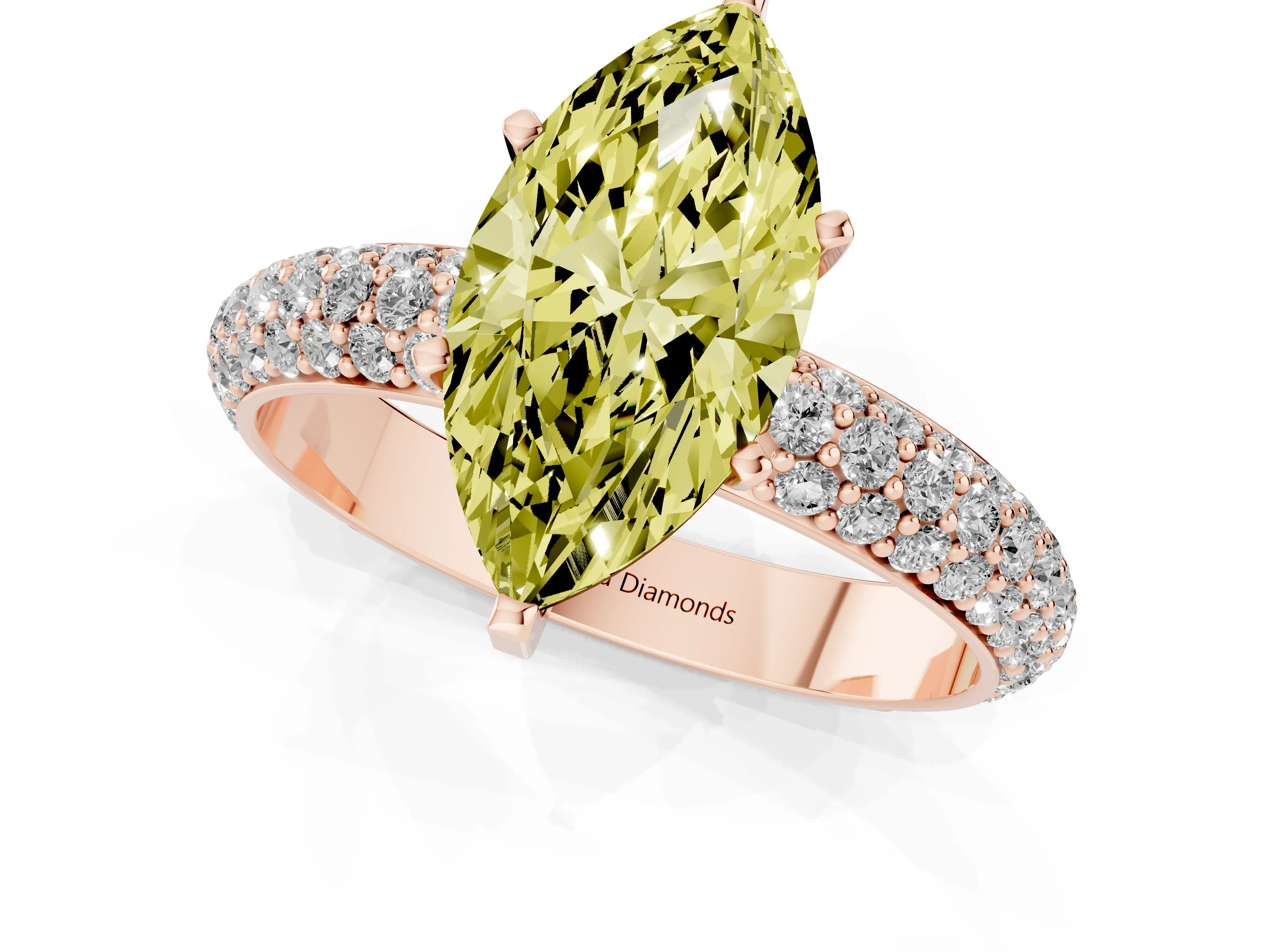 Fancy Yellow Marquise Cut Diamond Solitaire Ring Set in Rose gold with Prong Setting and Pavé-Set Band