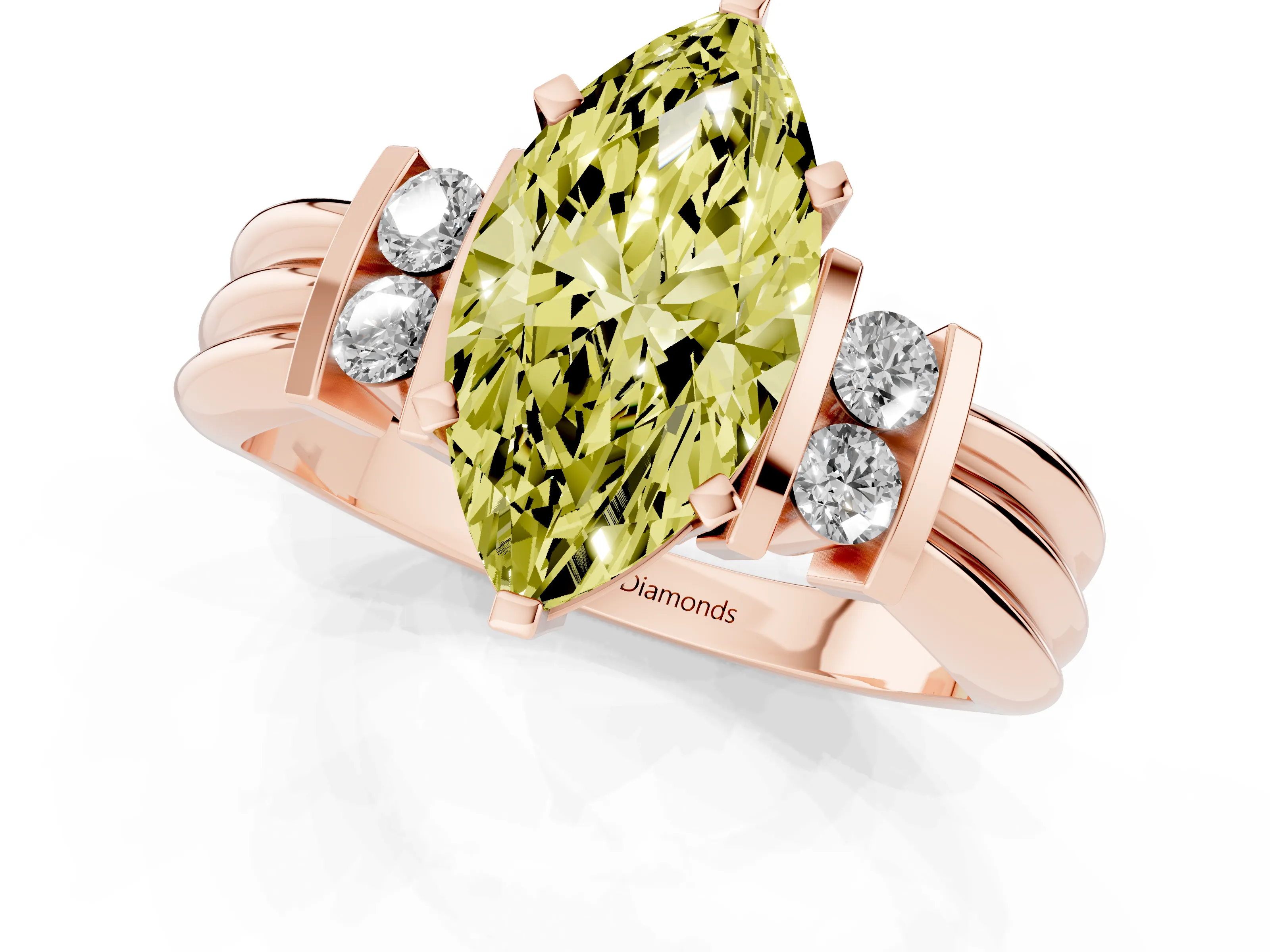 Fancy Yellow Three-Stone Marquise Cut Diamond Channel Set Ring Set in Rose gold with Bar Prongs