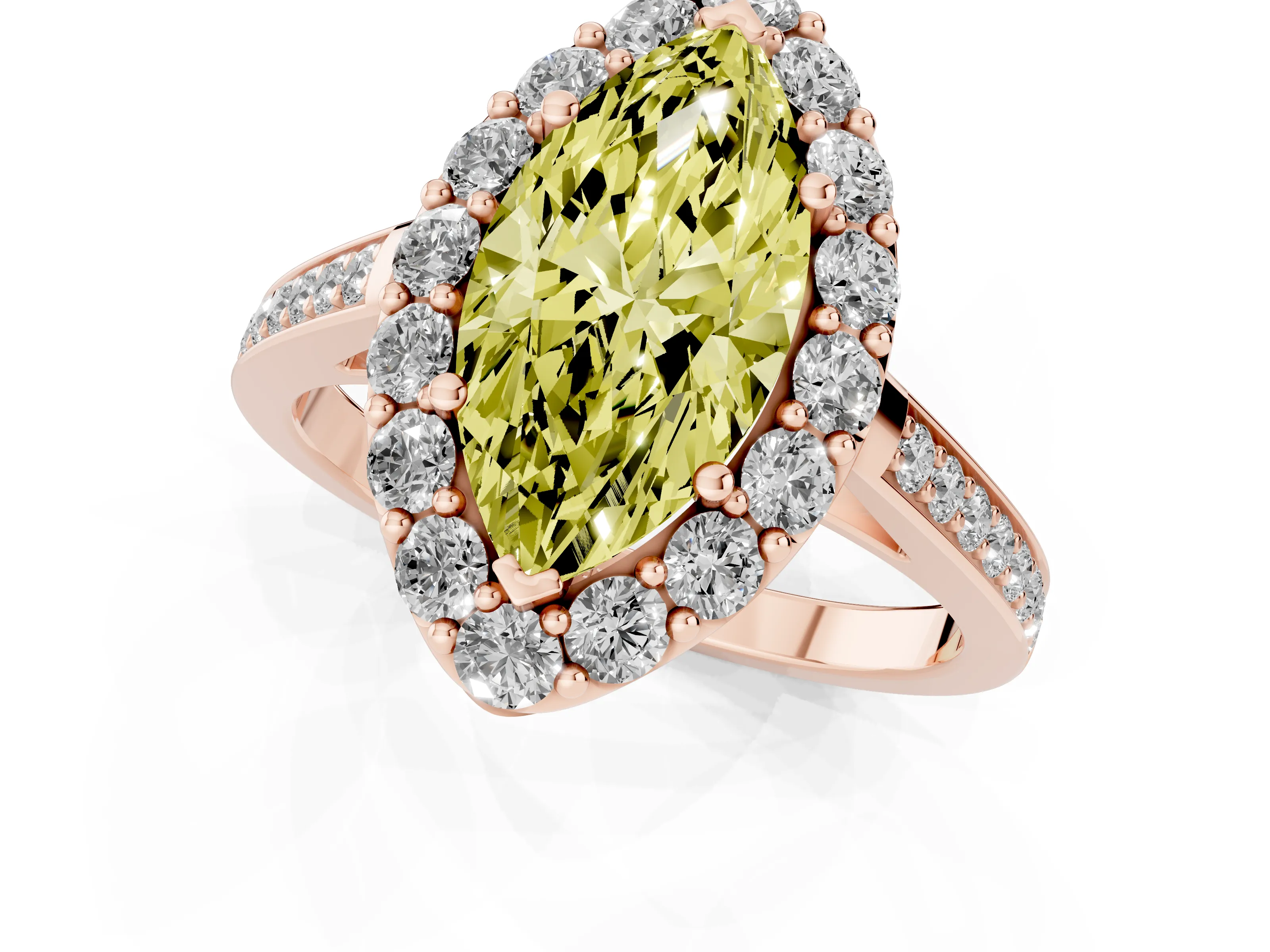 Fancy Yellow Marquise Cut Diamond Floral Halo Ring Set in Rose gold with Pavé Band and Prong Setting
