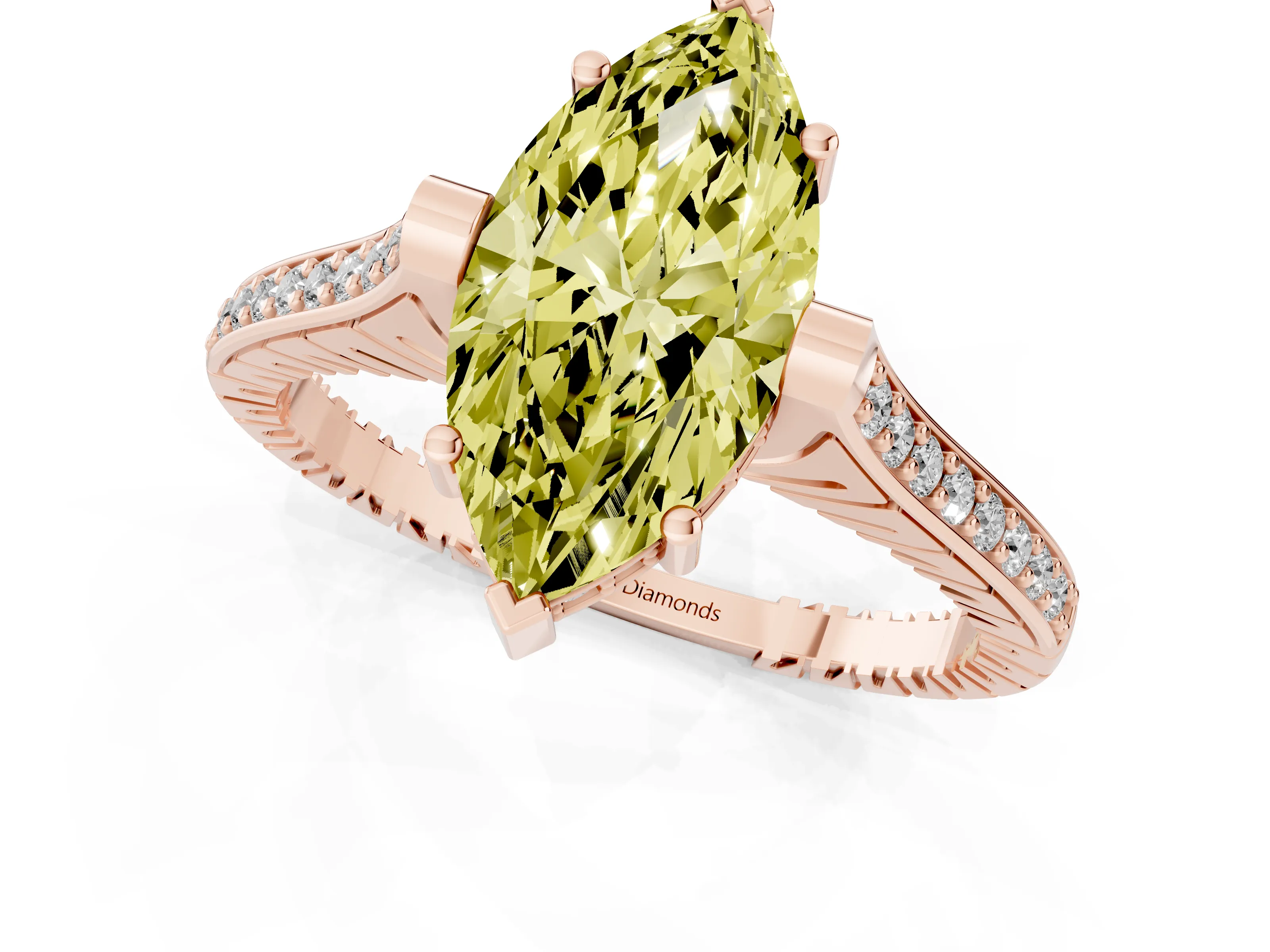 Fancy Yellow Marquise Cut Diamond Solitaire Ring Set in Rose gold with Channel Set Band and Bezel Prong Setting – second view