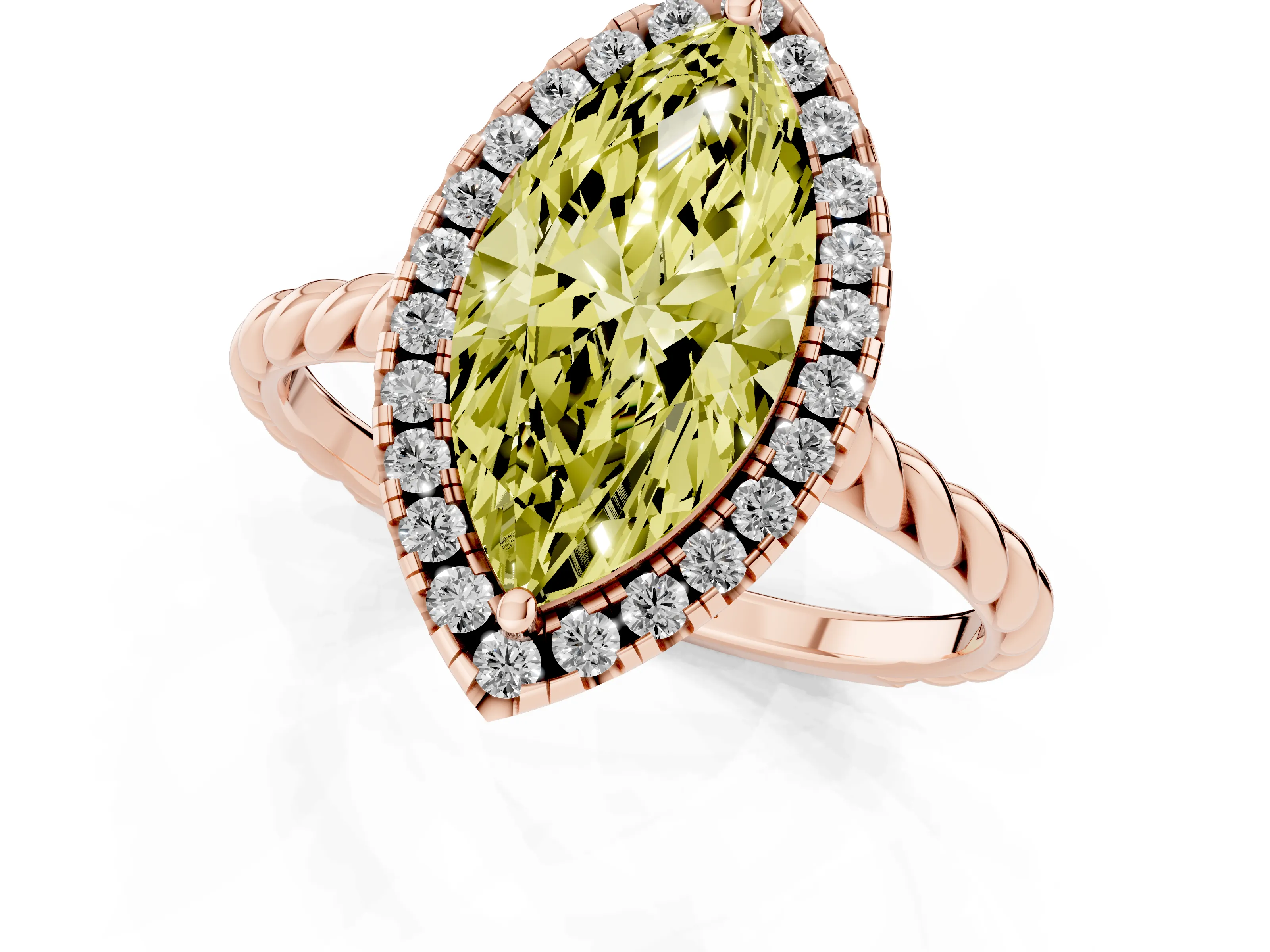 Fancy Yellow Marquise Cut Diamond Halo Ring Set in Rose gold with Plain Twisted Band