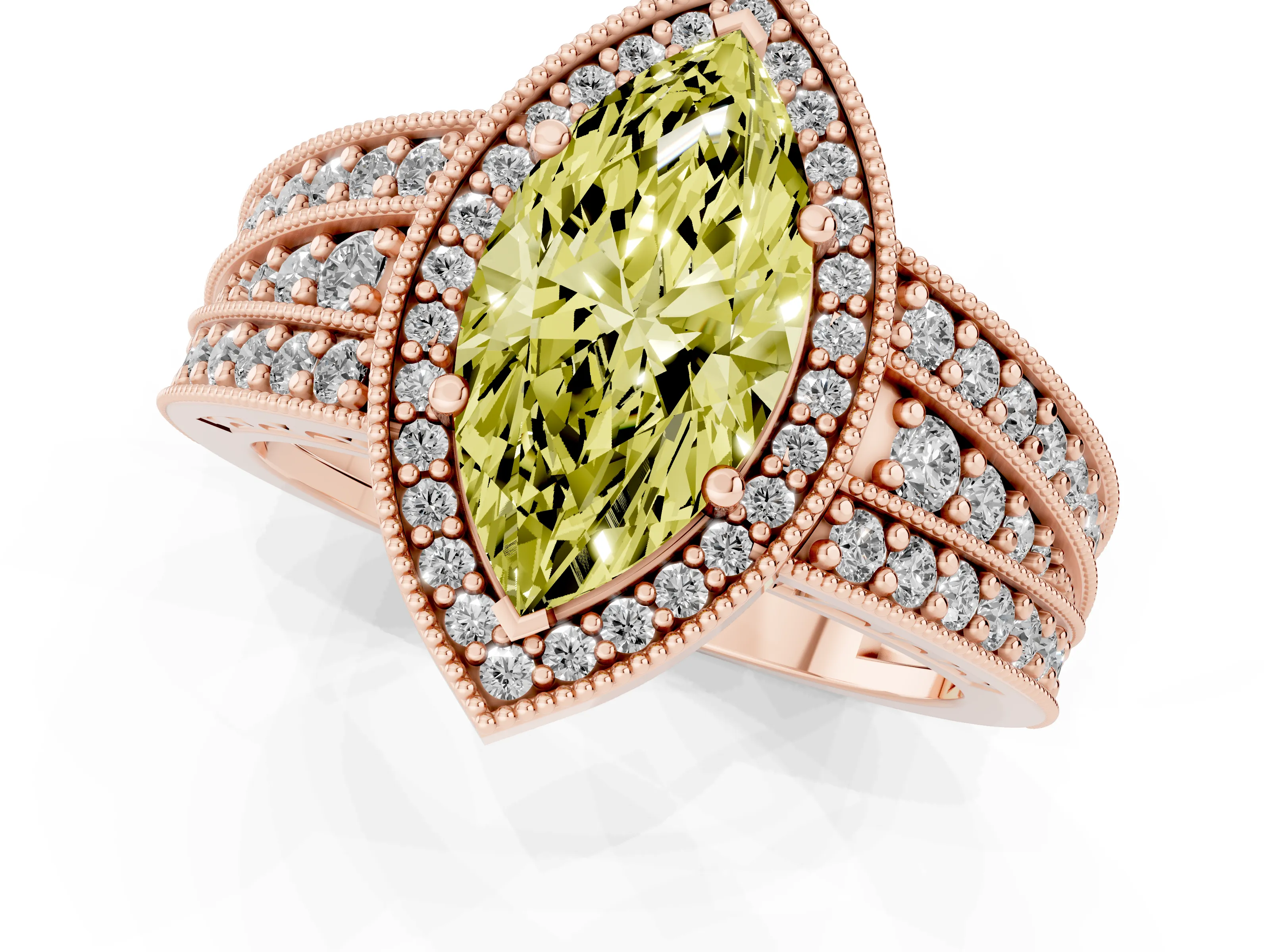 Fancy Yellow Marquise Cut Diamond Halo Ring Set in Rose gold with Accent Split Shank and Prong Setting