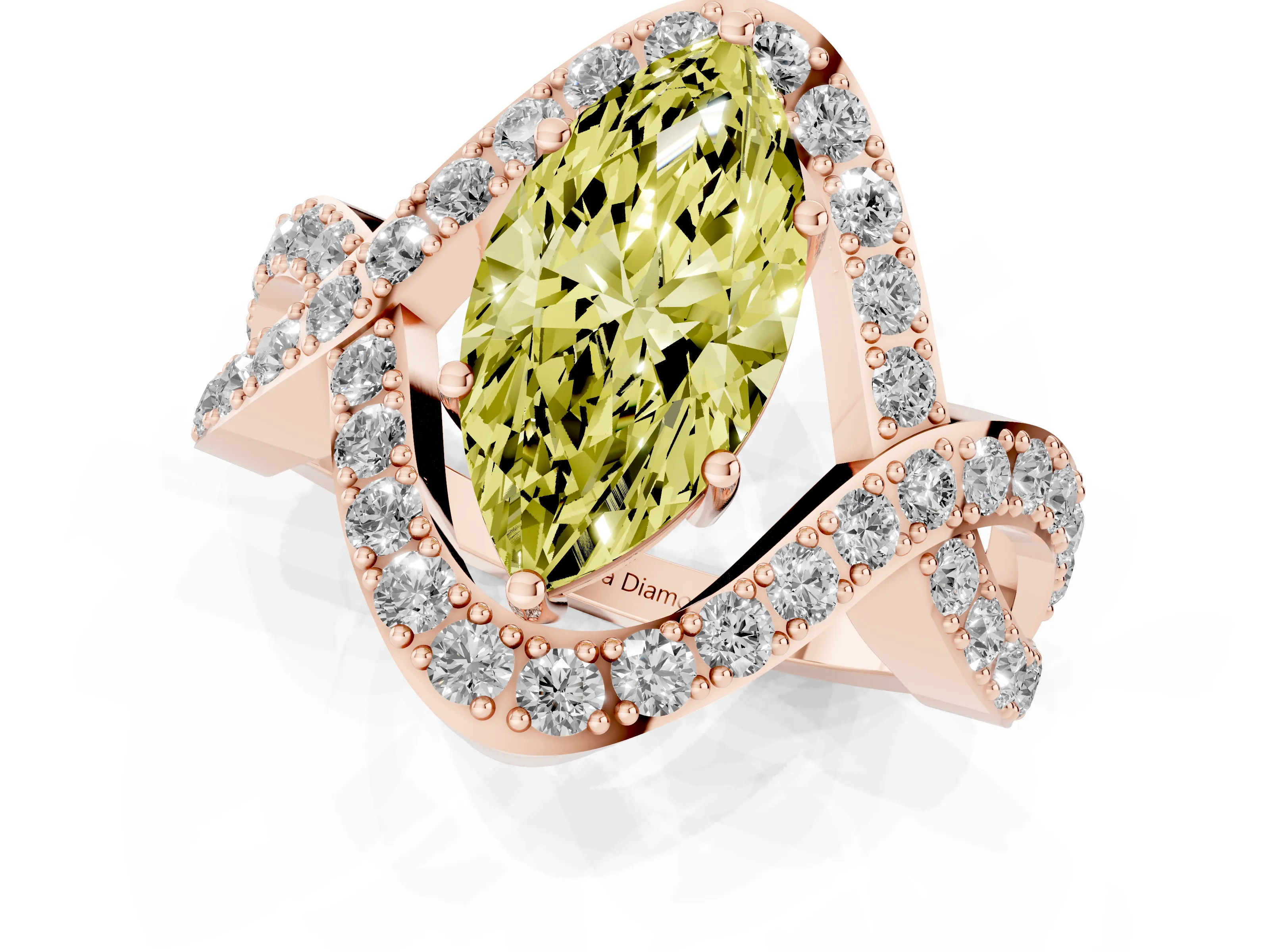 Fancy Yellow Marquise Cut Diamond Solitaire Twist Band Pavé Engagement Ring Set in Rose gold